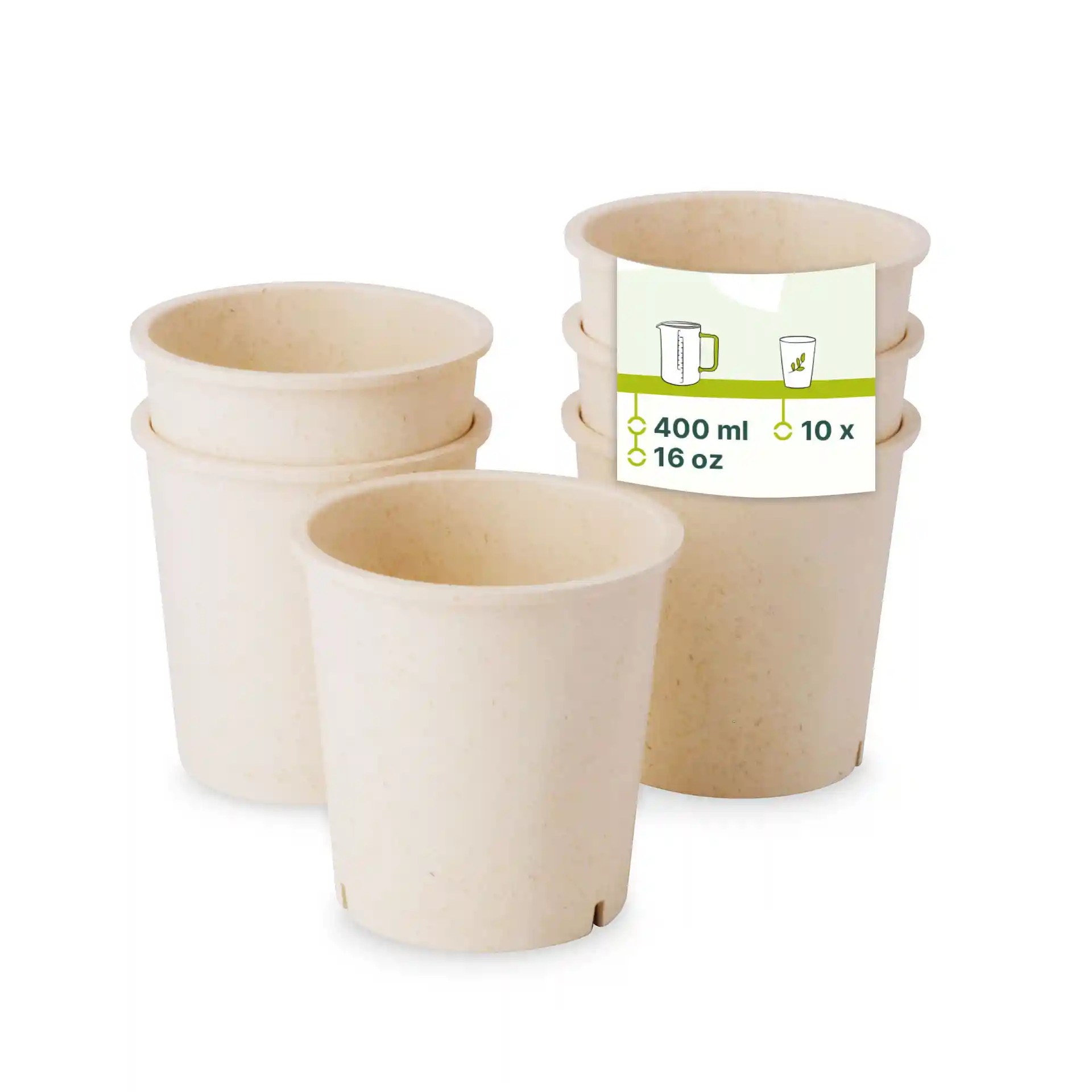 Set aus vier cremeweißen, wiederverwendbaren Bechern aus Biokunststoff, jeweils mit 400 ml Fassungsvermögen.
