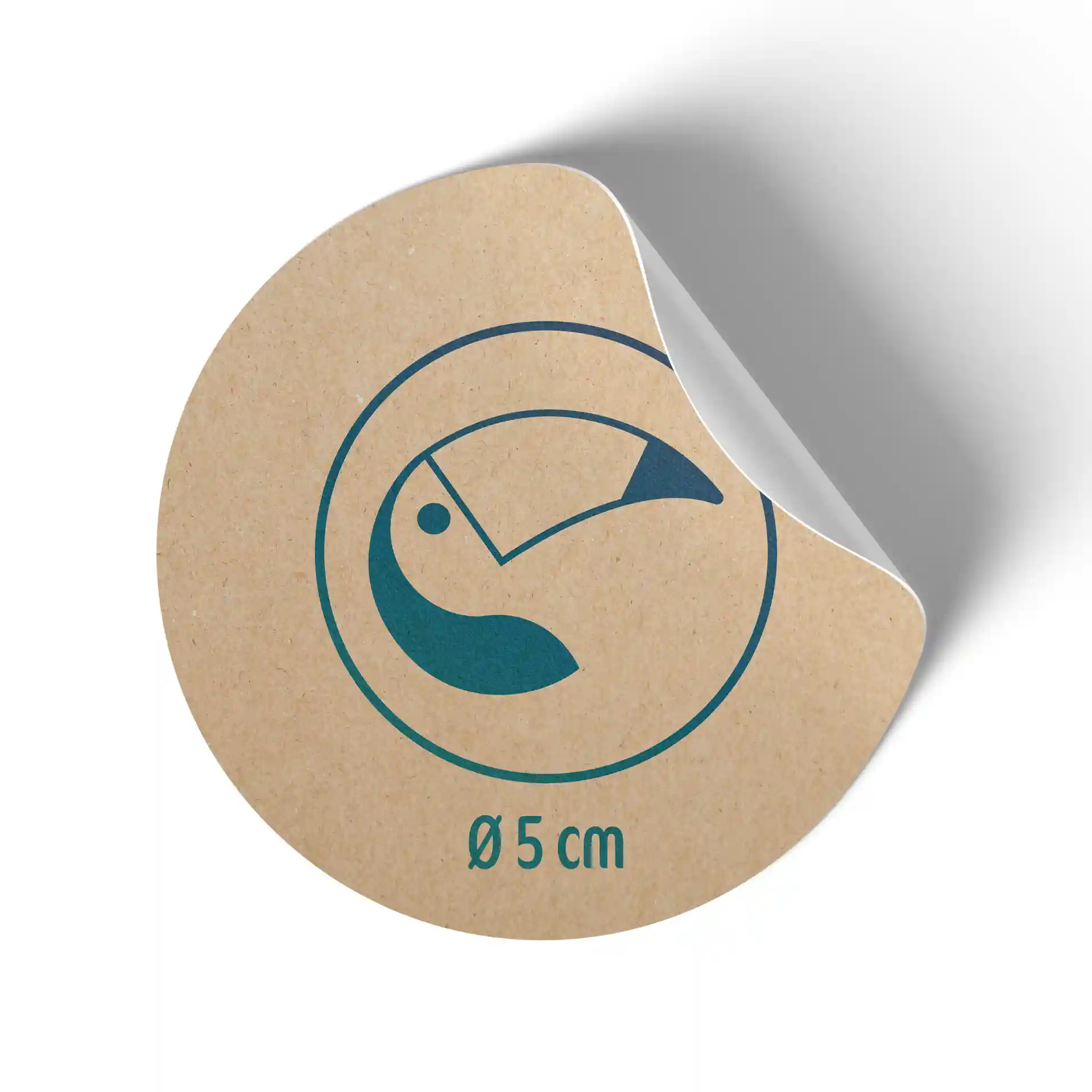 Round printed label made of brown matte kraft paper, featuring a design of a bird and measuring 5 cm in diameter.