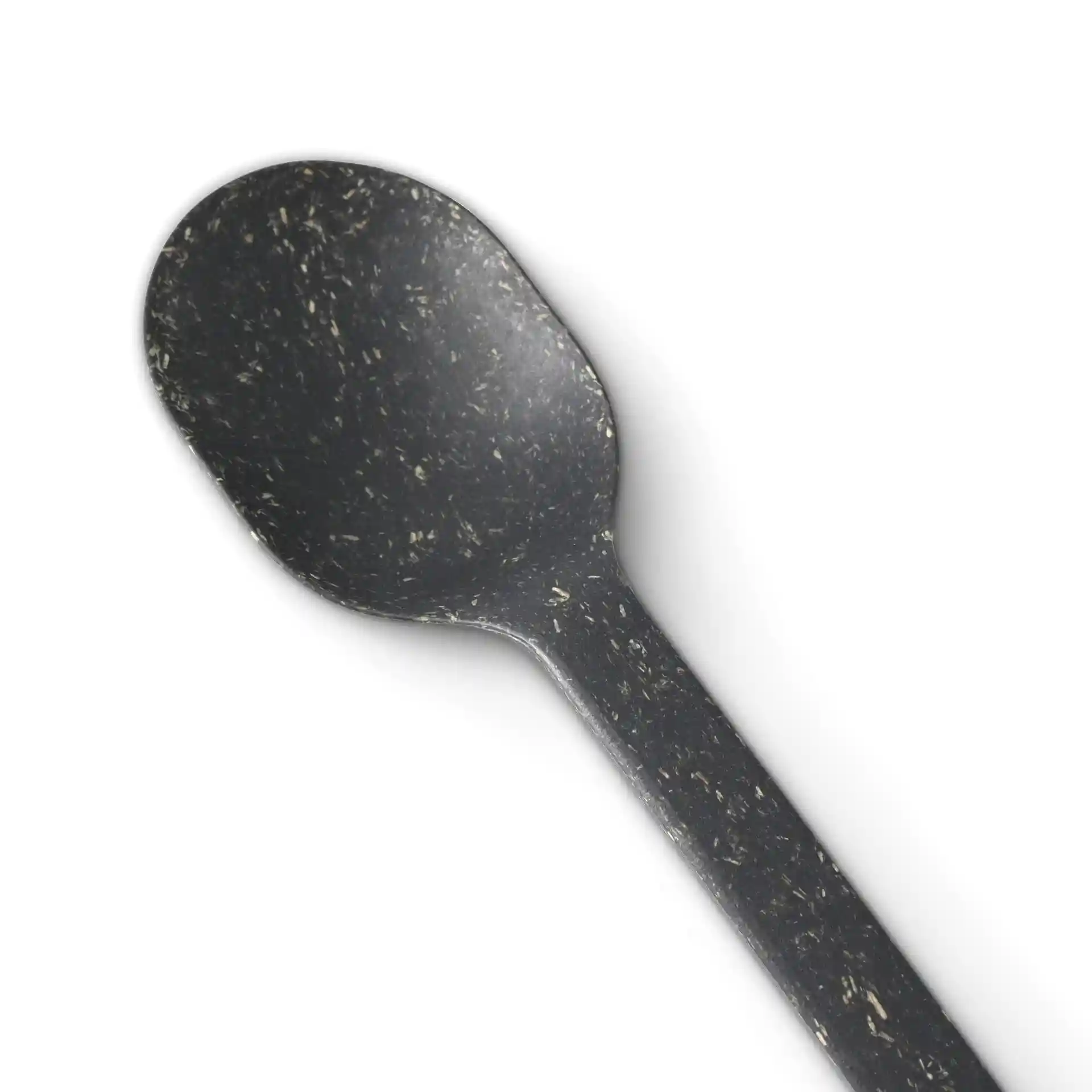 Black reusable spoon made of bio compound, measuring 18 cm in length, with a smooth surface and rounded bowl.