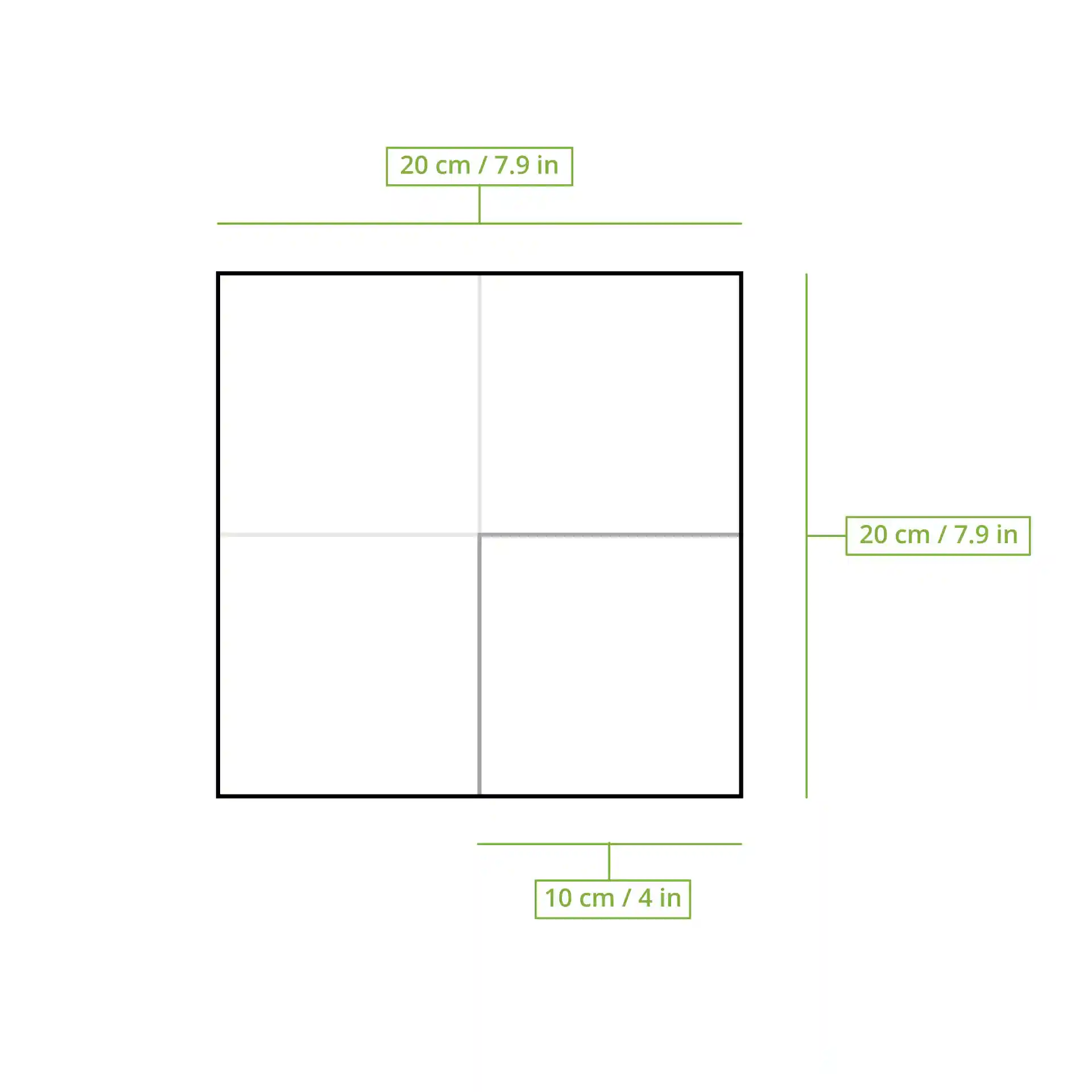 Schematische Zeichnung einer quadratischen Serviette mit Maßlinien von 20 cm x 20 cm und einem 10 cm Falt.