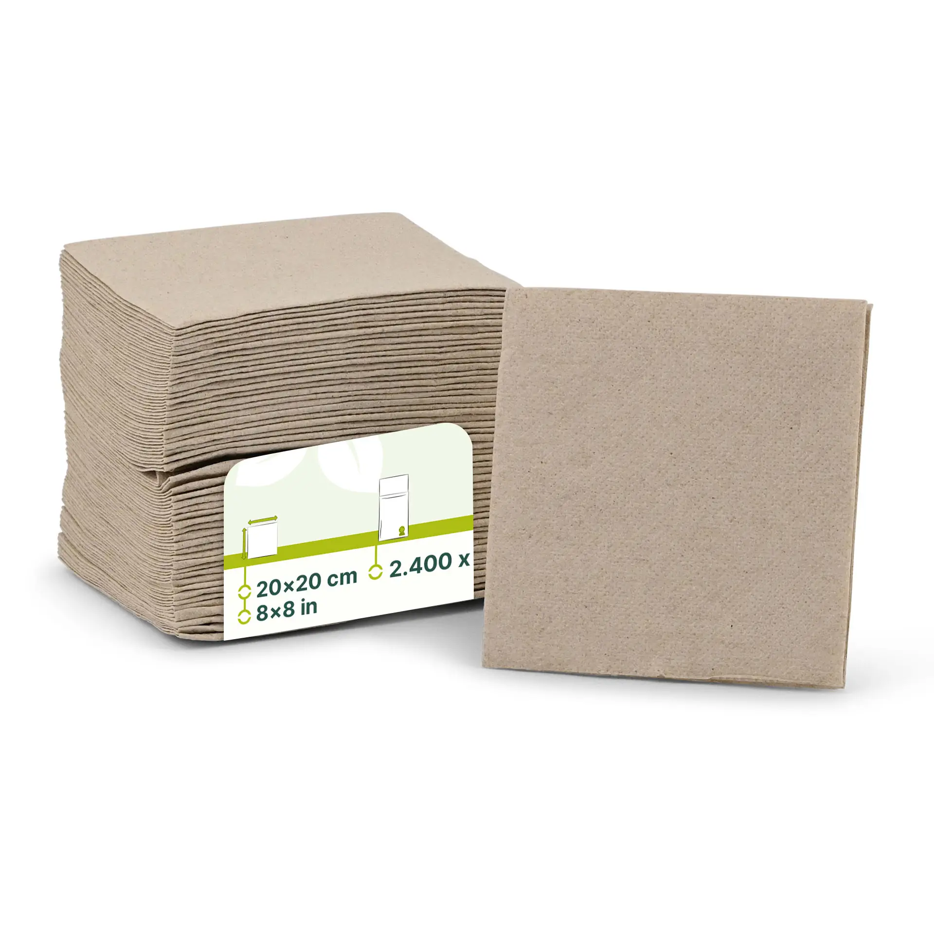 Stack of unbleached, 2-ply square cocktail napkins, 20 x 20 cm, with a label showing dimensions and recycling symbol.