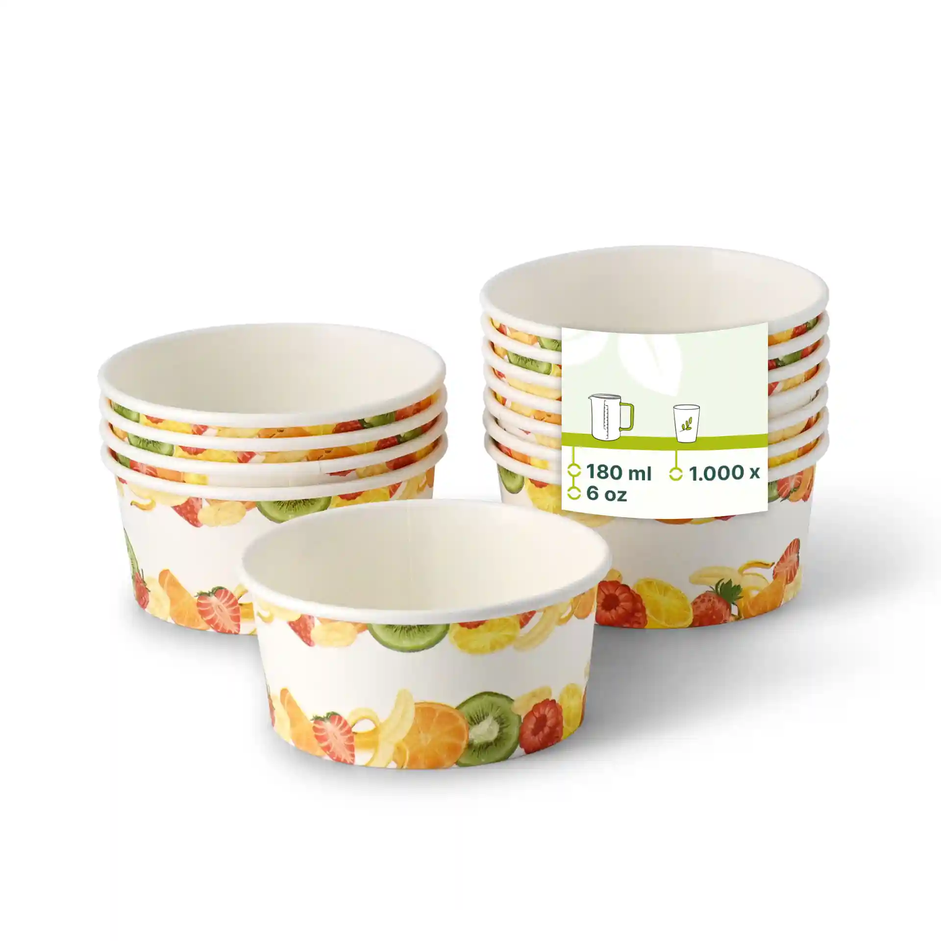 Runde Pappbecher mit einem gedruckten Obstdesign, 180 ml Fassungsvermögen, gestapelt mit einem Becher vorne.