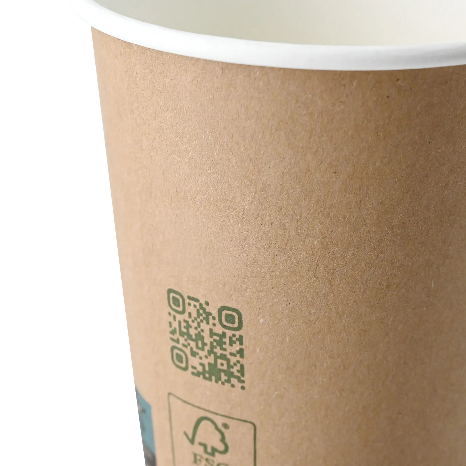 Brown double-walled coffee cup with a white interior, featuring a QR code and a logo on the side.