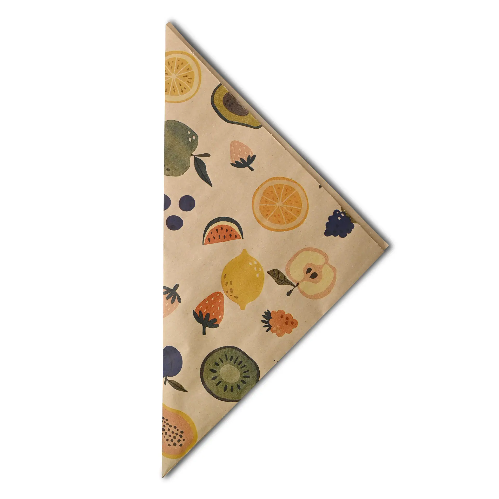 Triangle-shaped paper cone with a fruit pattern, featuring various colorful fruits on a brown background.