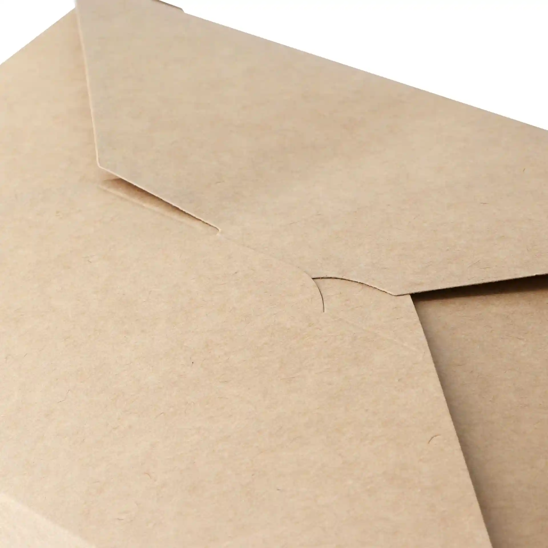 Brown cardboard takeaway container with a rectangular shape and a flap closure.