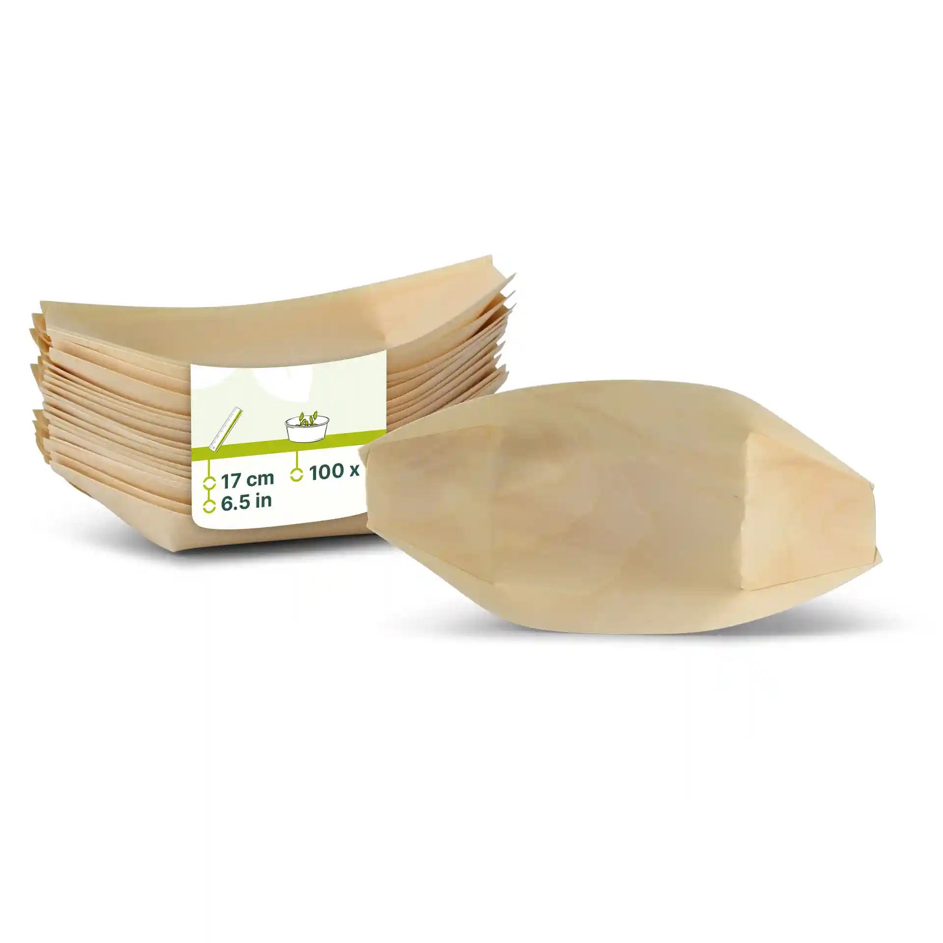 Stack of wooden boats, each measuring 17 cm, with a label showing quantity of 100 and dimensions.
