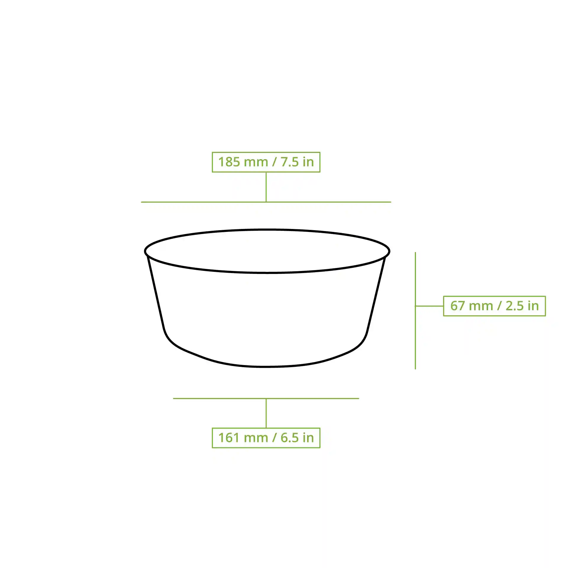 Schematic drawing of a round cardboard bowl with dimensions: 185 mm diameter, 67 mm height, and 161 mm bottom diameter.