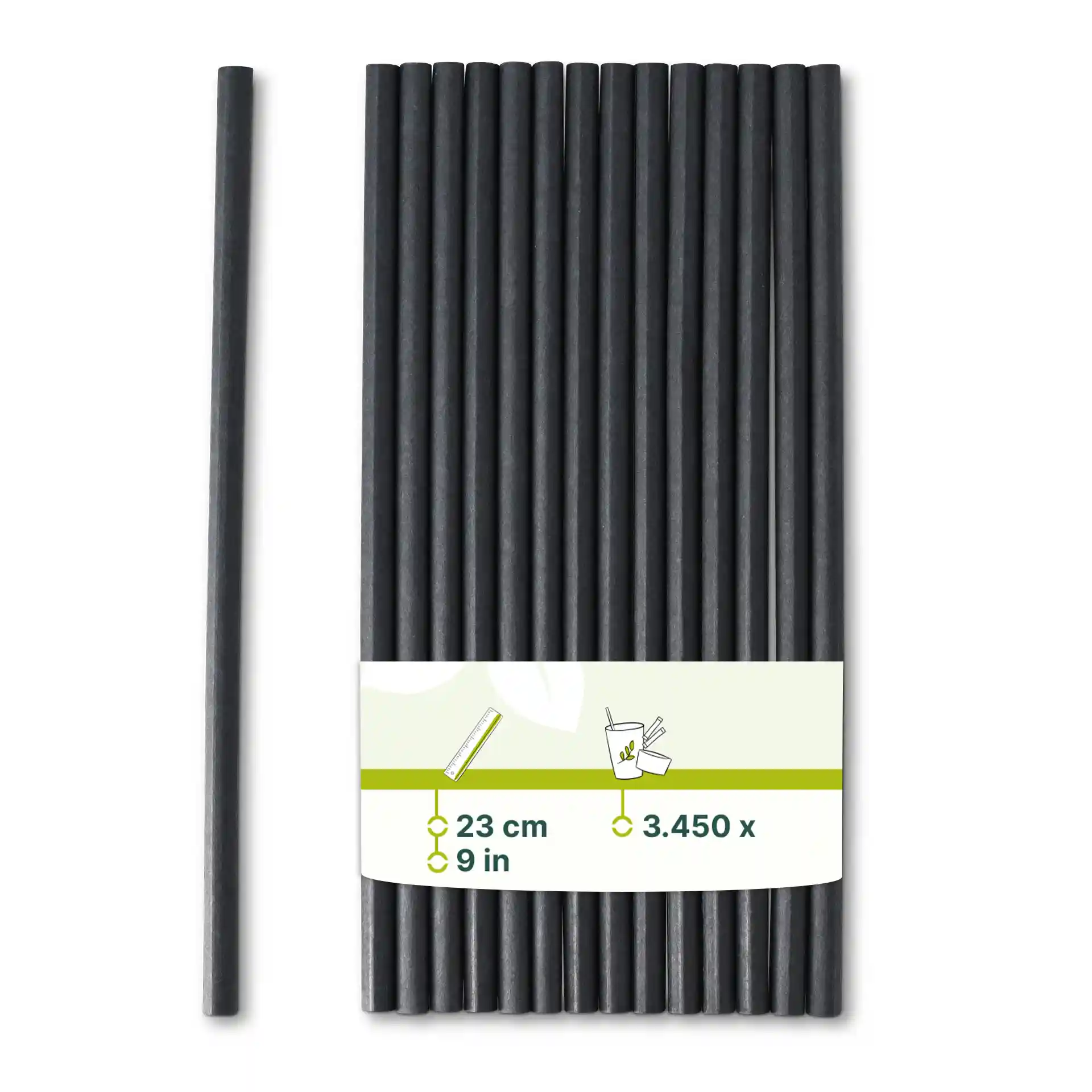 Schwarze Papier-Jumbo-Trinkhalme, 23 cm lang und 0,8 cm breit, vertikal angeordnet mit einem Halm seitlich.
