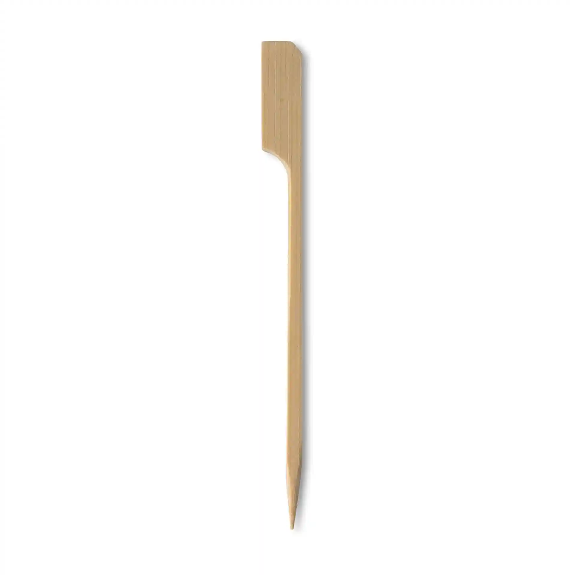 Bamboo paddle skewer, 12 cm long, with a flat end and pointed tip, shown on a white background.