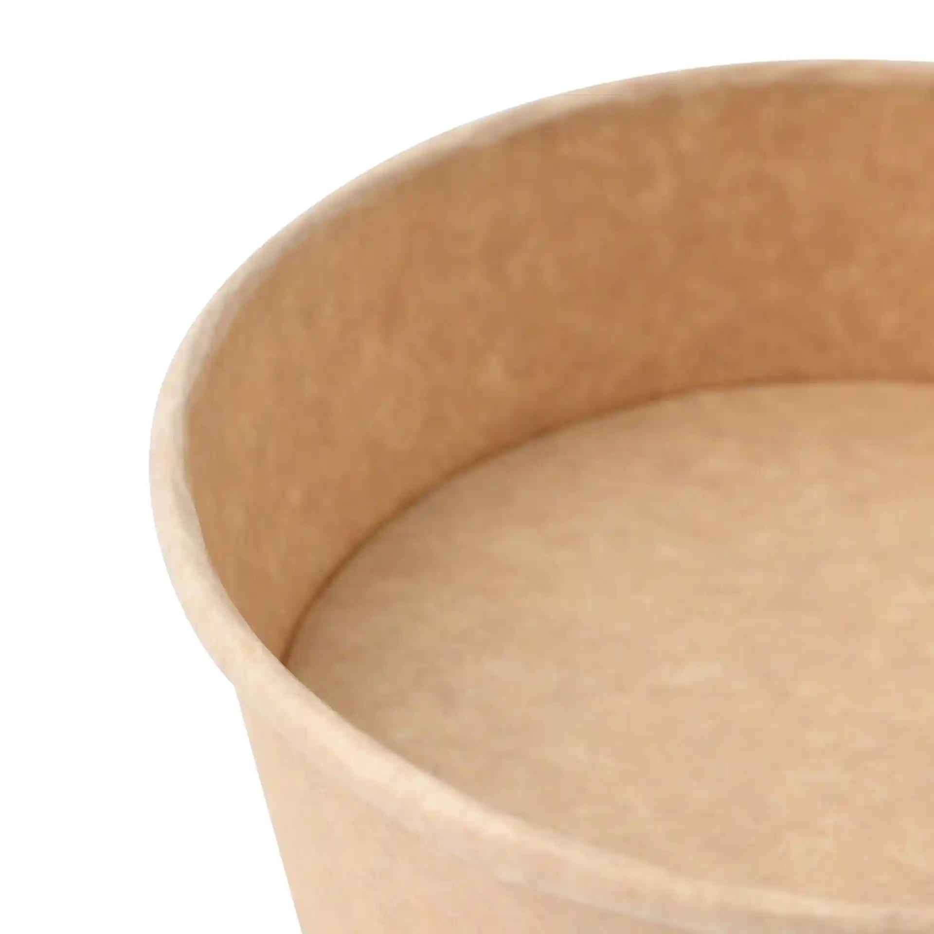 Brown round paper bowl with a coated interior, showing the inner surface and rim.
