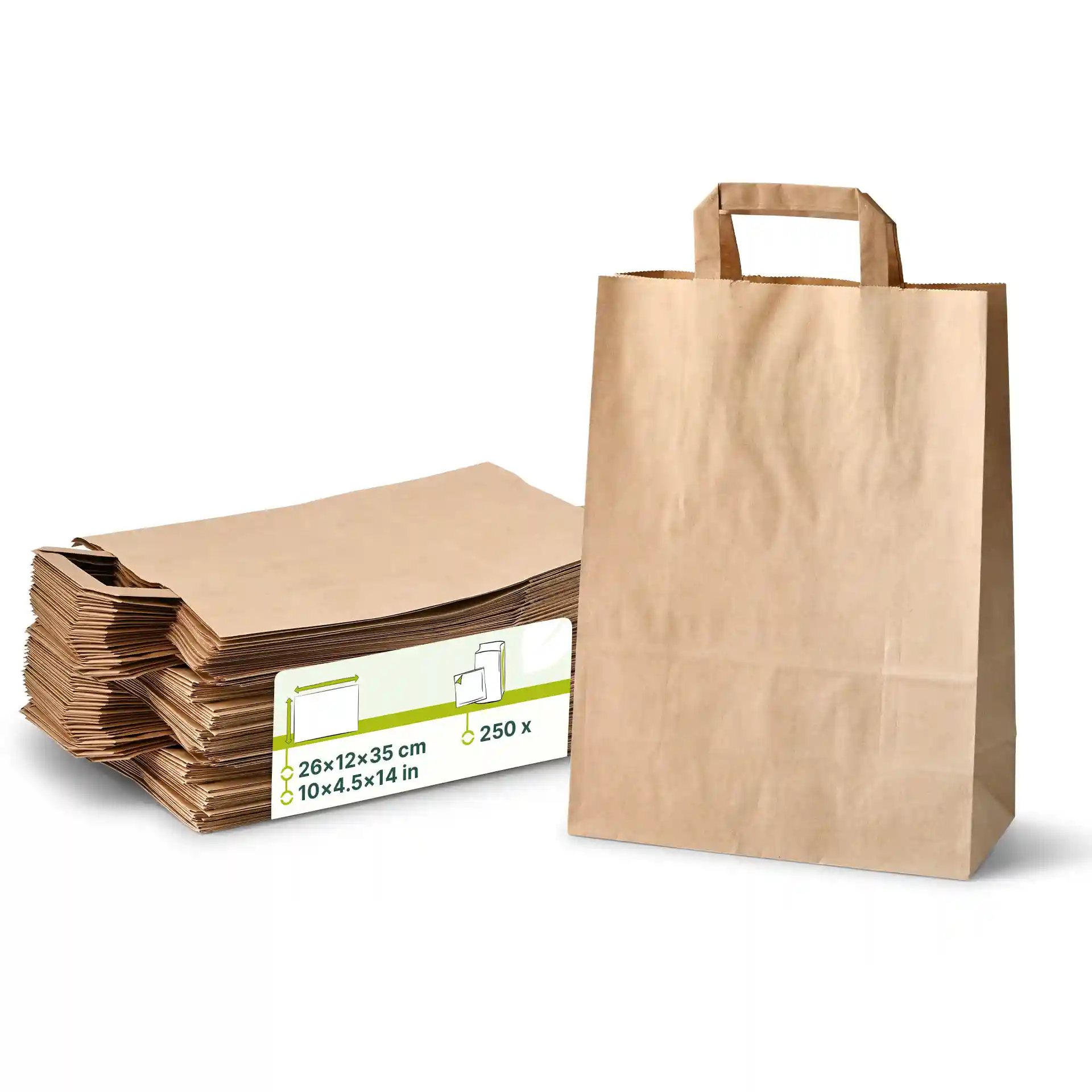 Braune Kraftpapier-Tragetasche neben einem Stapel ähnlicher Taschen, Maße 26 x 12 x 35 cm.