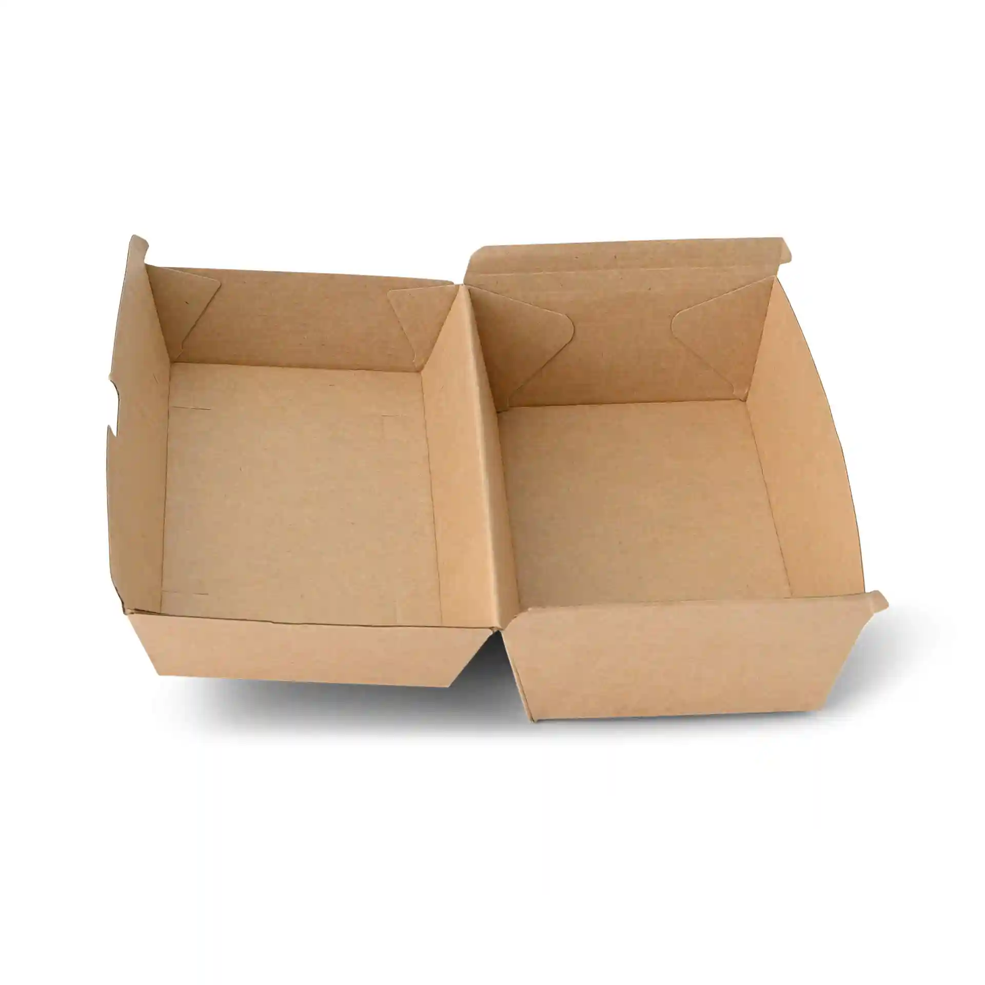 Brown cardboard food box with hinged lid, rectangular shape, dimensions 21.4 x 11.4 x 8.5 cm.