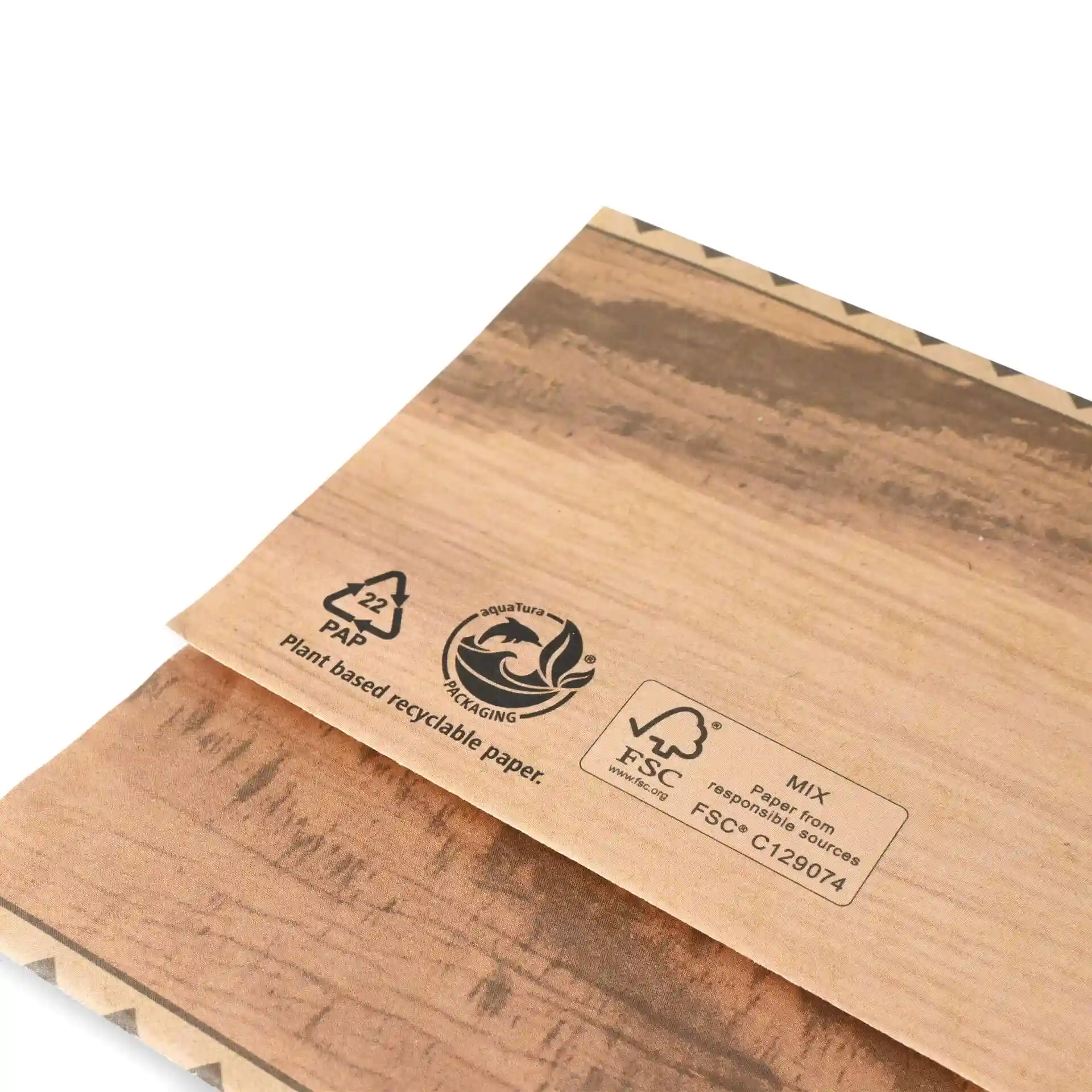 Brown kraft wrap bag, prefolded, measuring 10.5 x 30.5 cm, with visible recycling symbols and labels.
