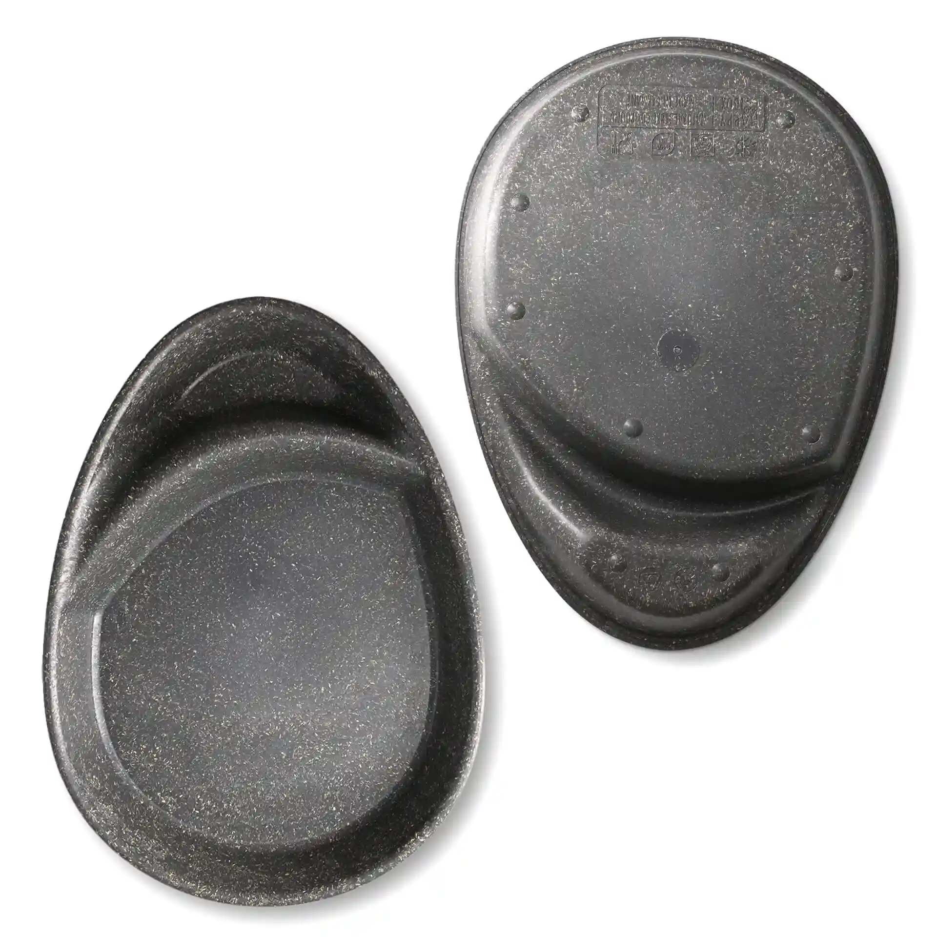 Reusable divided plate in teardrop shape with two compartments, grey color, dimensions 27.5 × 20 × 3.5 cm.