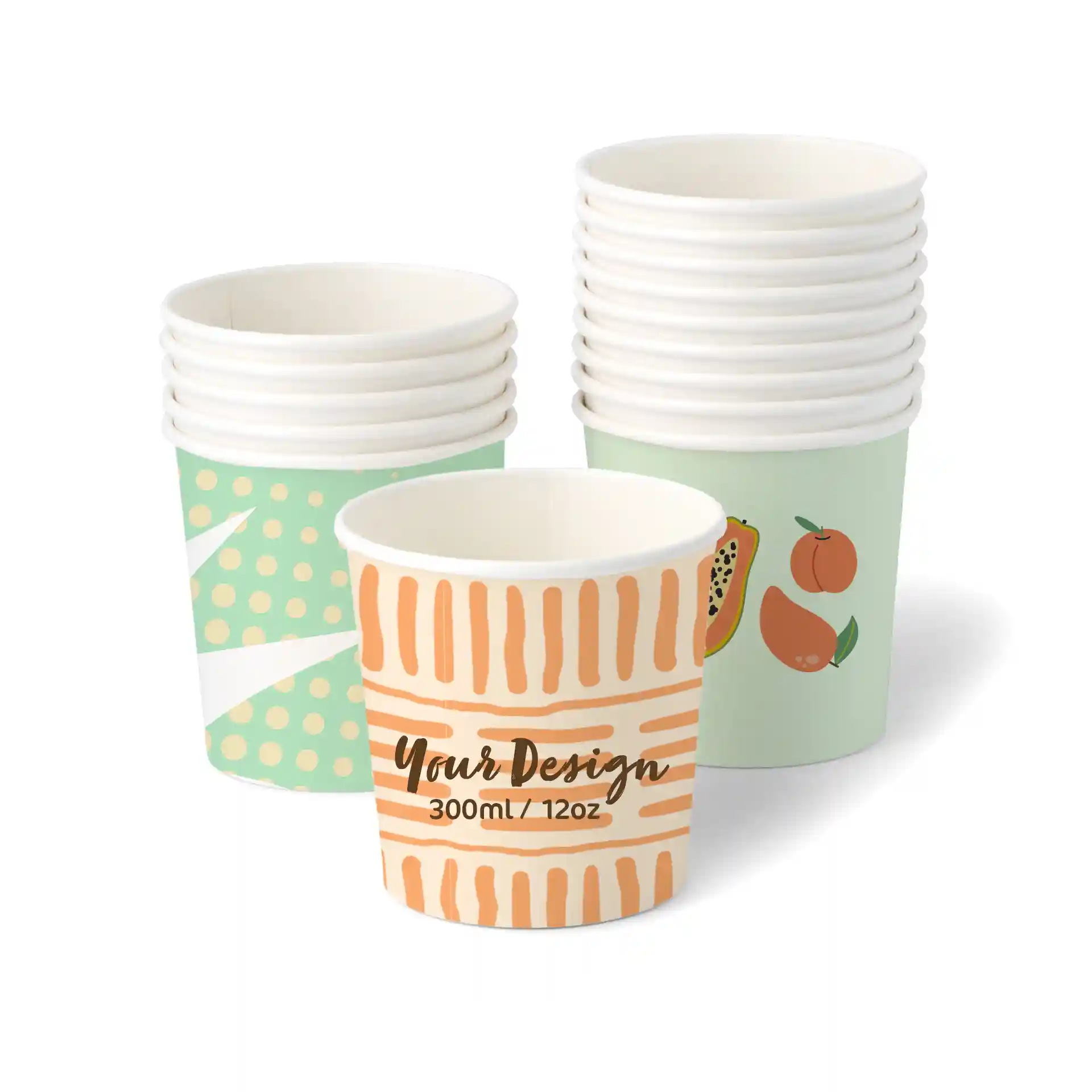 Round ice cream cups in various designs, including a peach and papaya illustration, stacked with a white background.