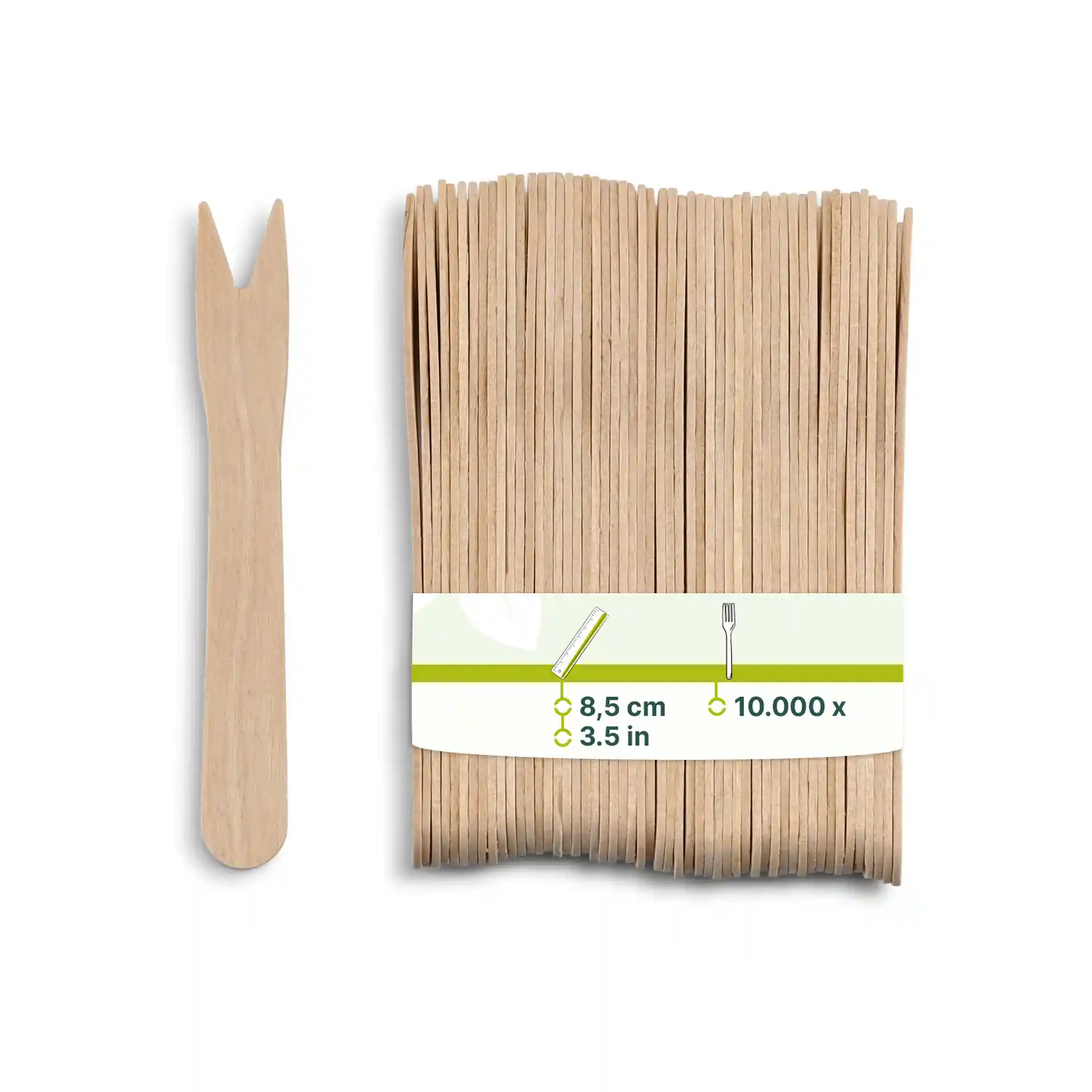 Wooden chip fork with a two-pronged end, alongside a bundle of similar forks, on a white background.