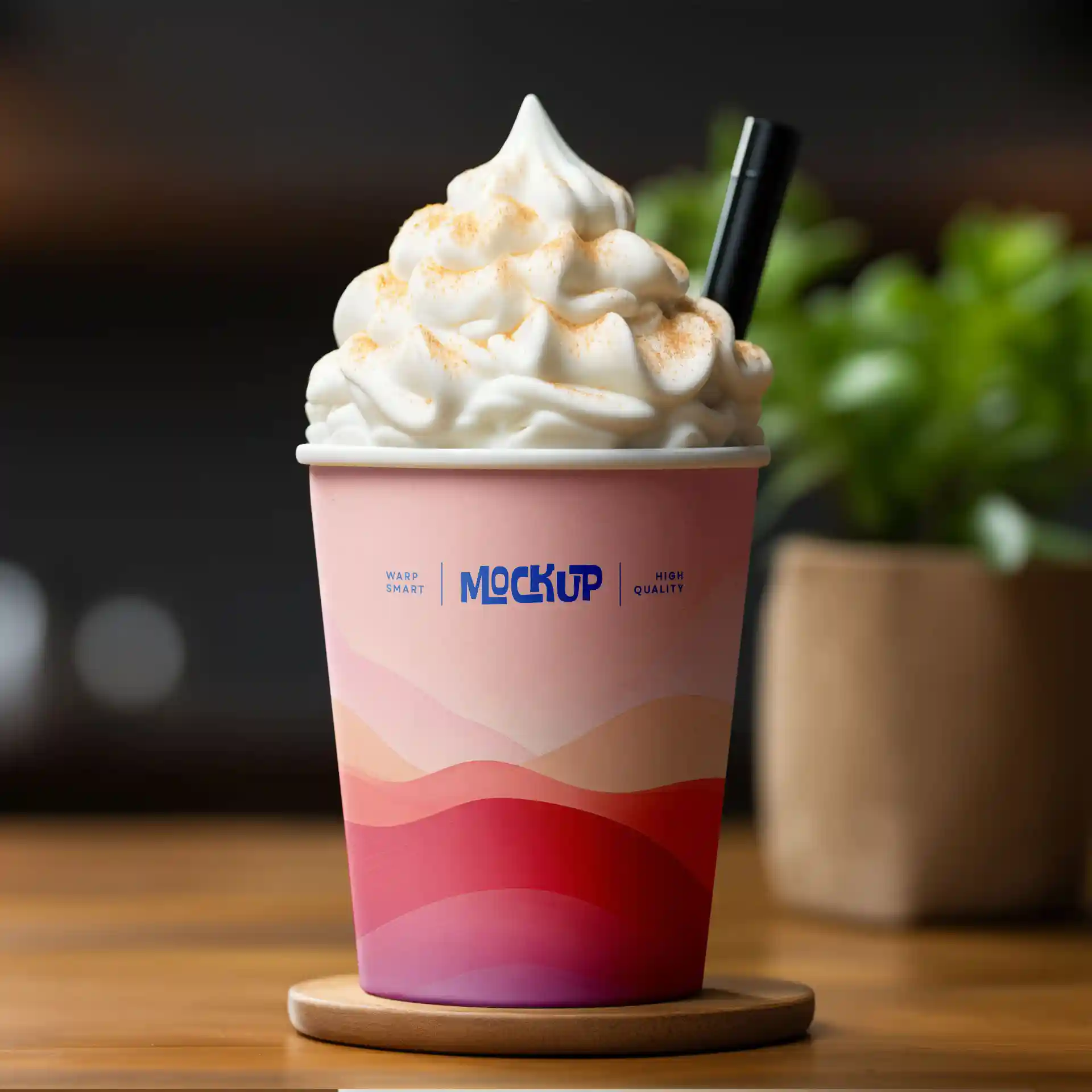 Round ice cream cup with whipped cream topping, featuring a pink gradient design and a black straw.