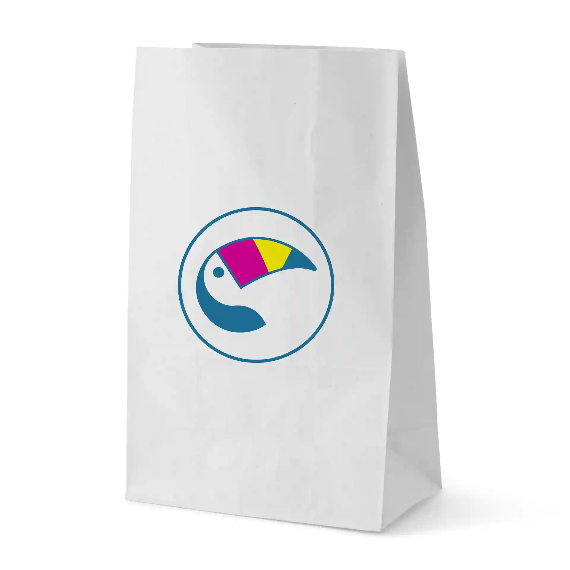 White paper bag with a circular logo featuring a colorful toucan design.