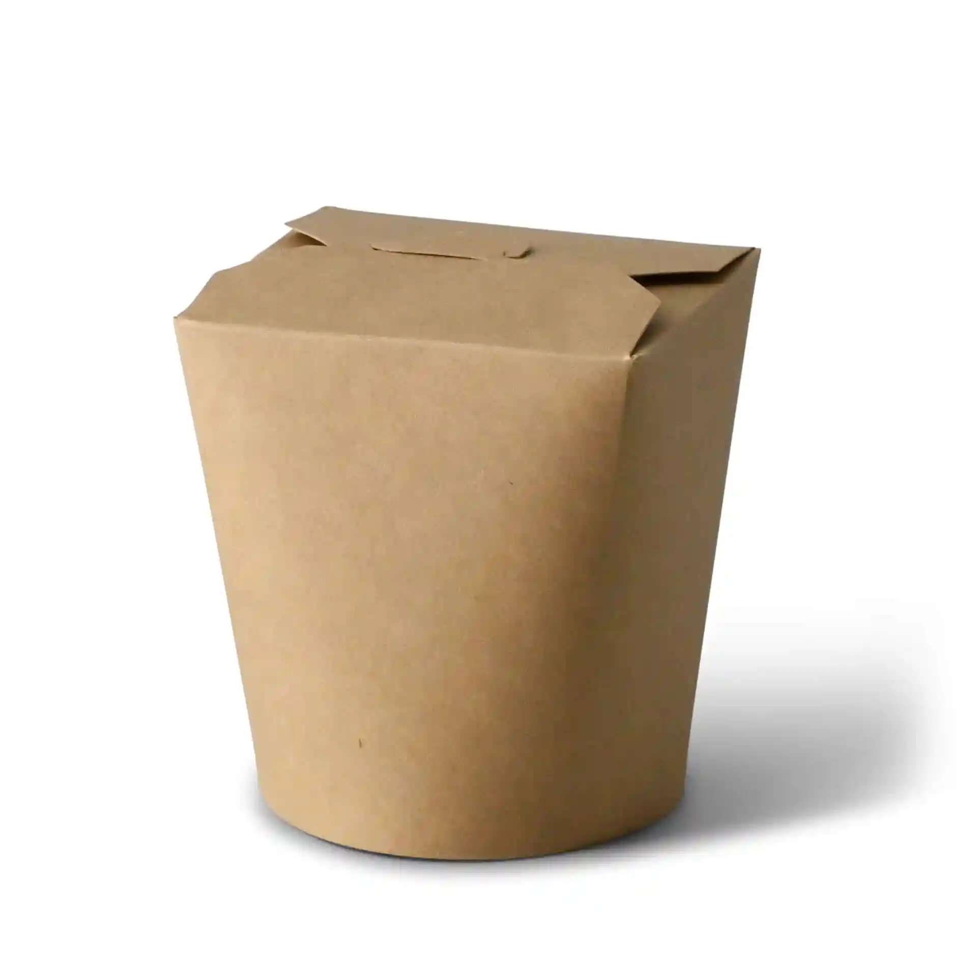 Brown cardboard noodle box with a round shape, featuring a top flap closure, 800 ml capacity.