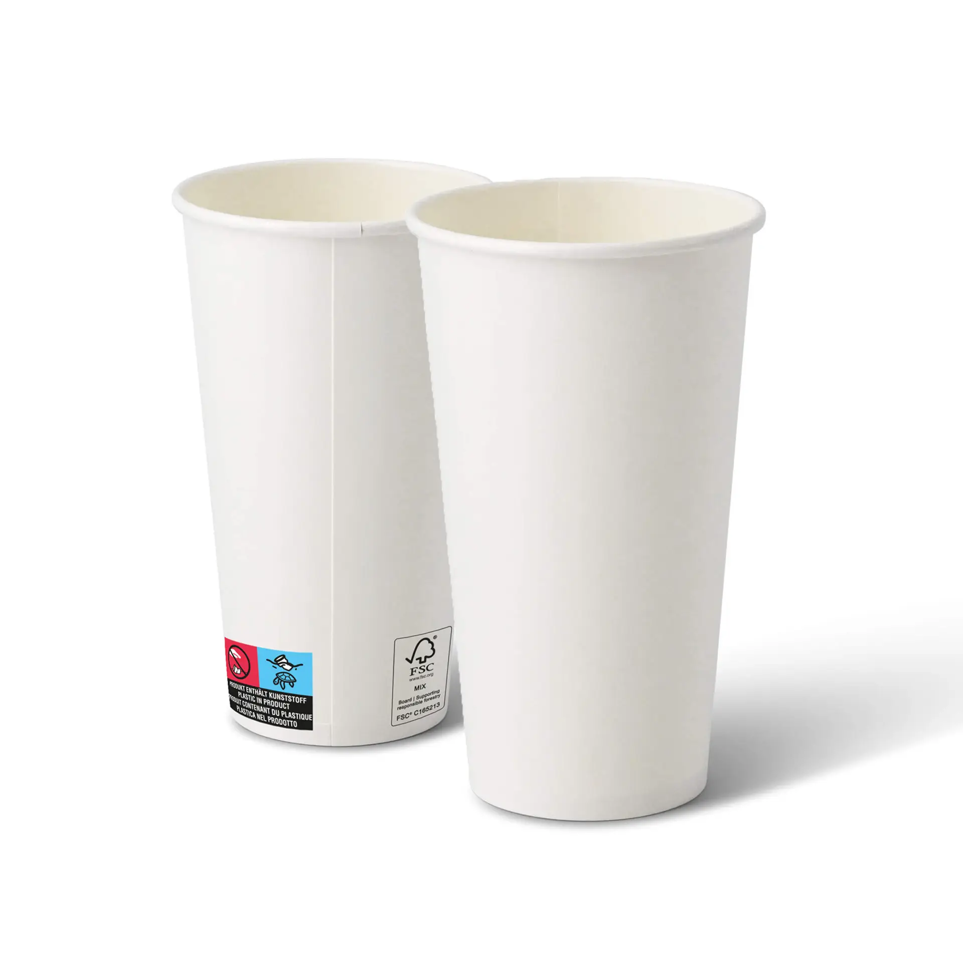 Weiße Pappbecher, 20 oz, rund mit PE-Beschichtung, in einer Gruppe von zwei gezeigt.