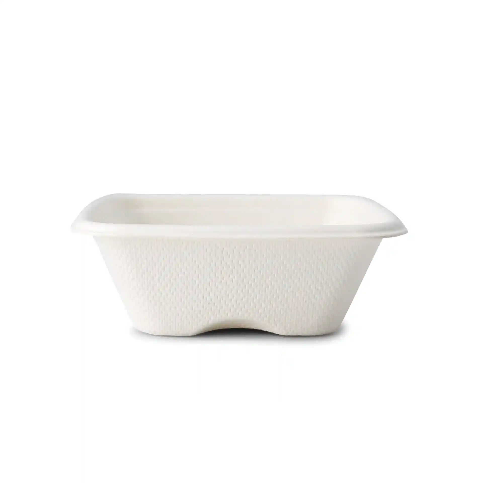 Weiße quadratische Bagasse-Portionsbecher, Maße 81 x 81 x 27 mm, mit strukturierter Oberfläche.