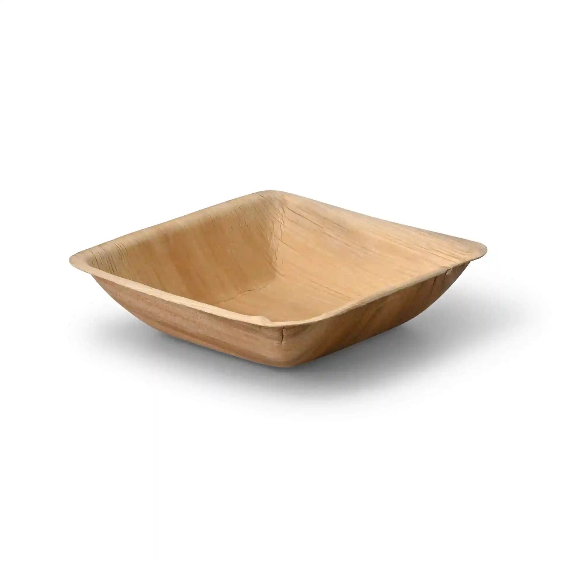 Quadratische Schale aus Palmblatt mit einer Holzmaserung, 172 mm lang und breit, 43 mm hoch.