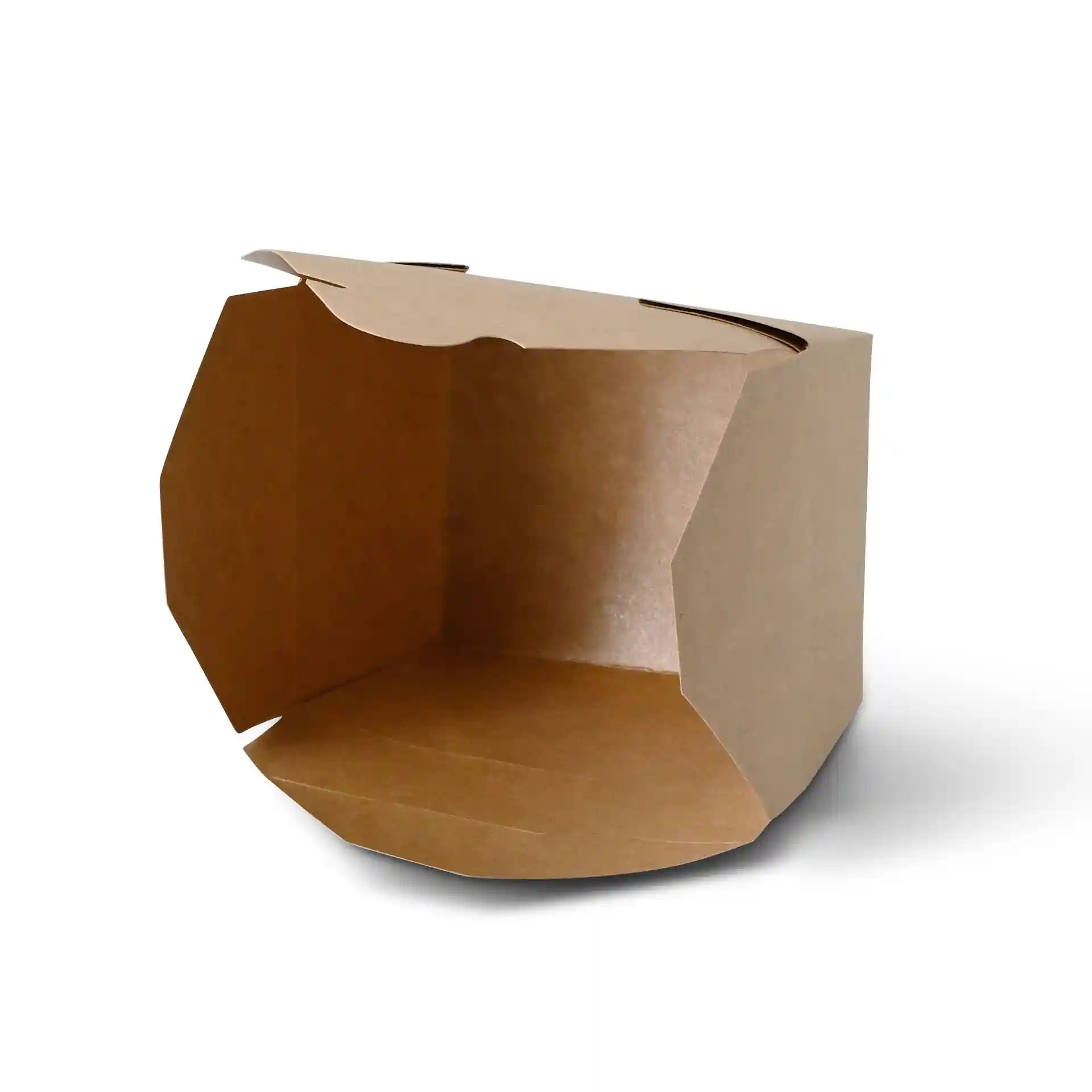 Braune rechteckige Take-away-Kartonbox, offen mit sichtbarem Innenraum, Maße 130mm x 105mm x 65mm.