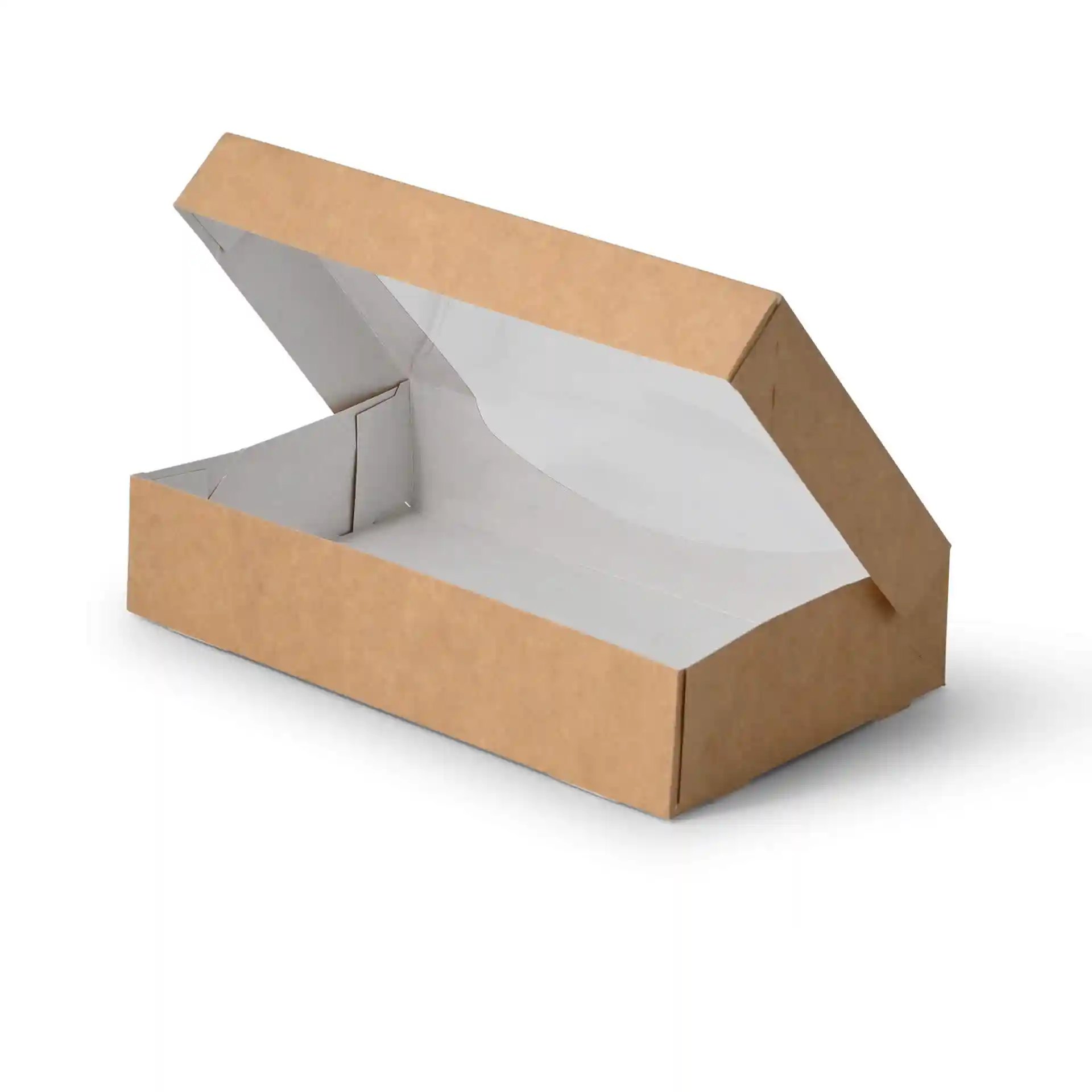 Braune Pappfensterbox mit weißem Innenraum, 20 x 12 x 4 cm, teilweise geöffnet.