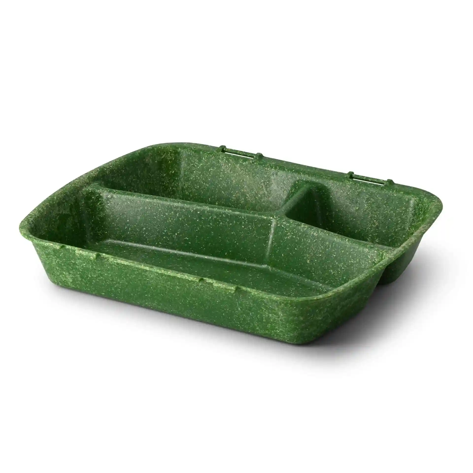Green reusable meal container with three compartments, measuring 24.5 x 20 x 4.5 cm.