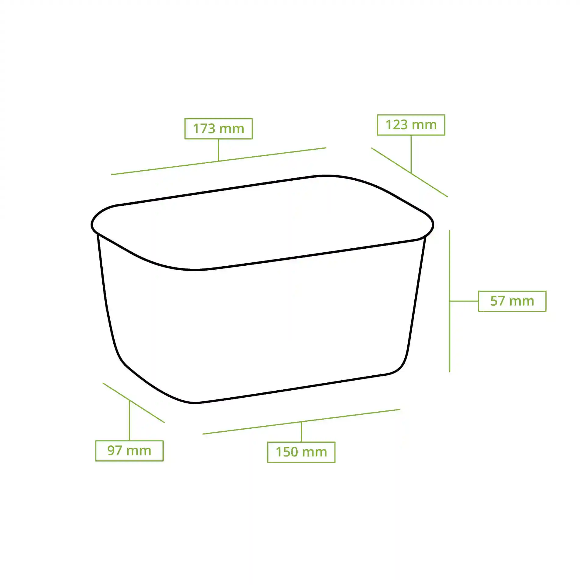 Schematic drawing of a rectangular food container with dimensions labeled: 173 mm length, 123 mm width, 57 mm height.