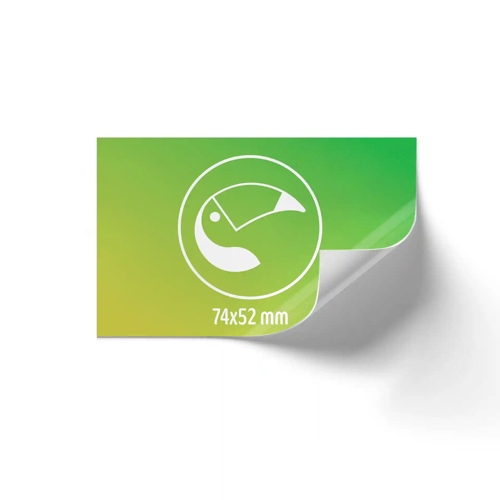 Rectangular printed label with a glossy finish, measuring 74x52 mm, showing a design and a corner peel.