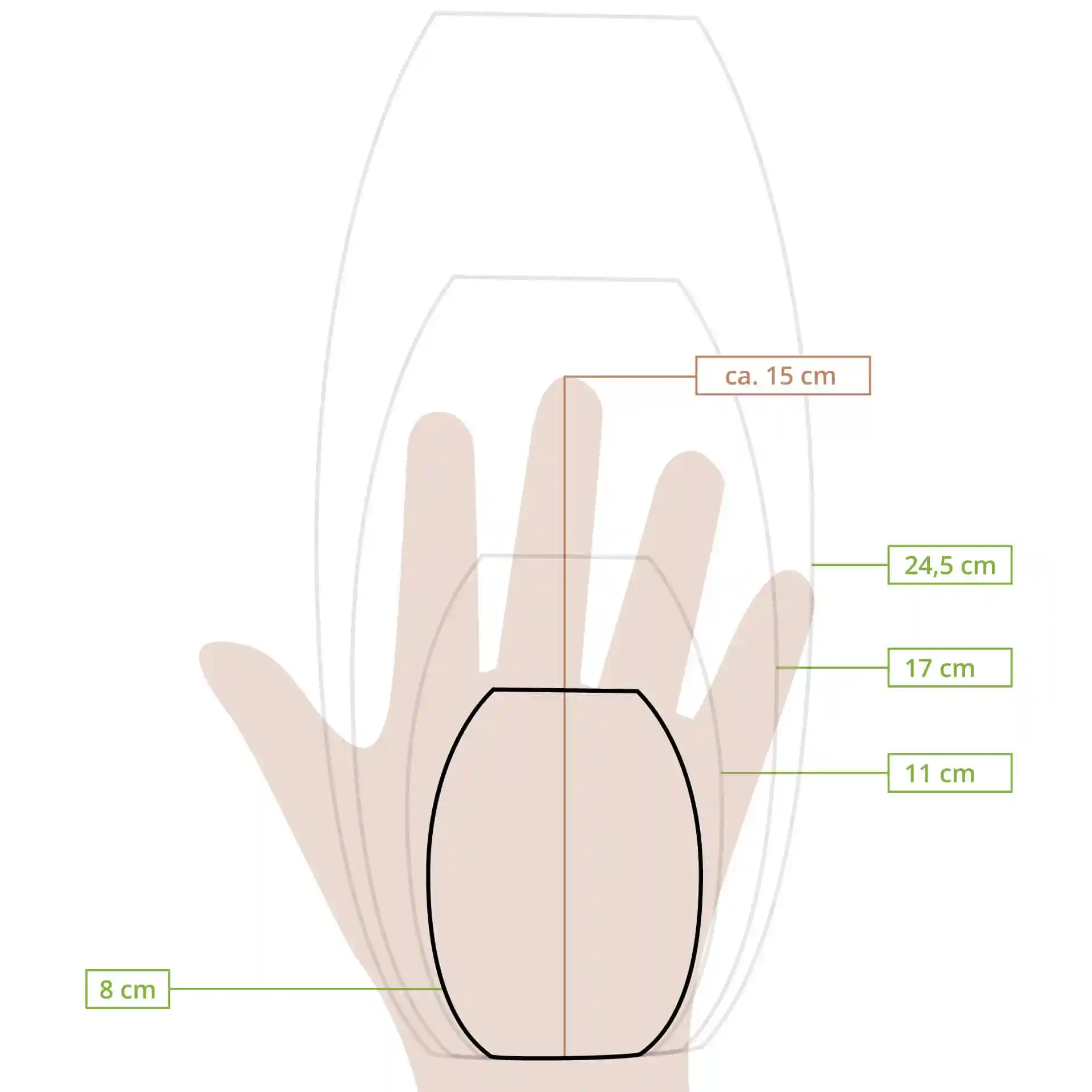 Schematic drawing of a hand with dimensions for a wooden boat, showing measurements of 8 cm, 11 cm, 15 cm, 17 cm, and 24.5 cm.