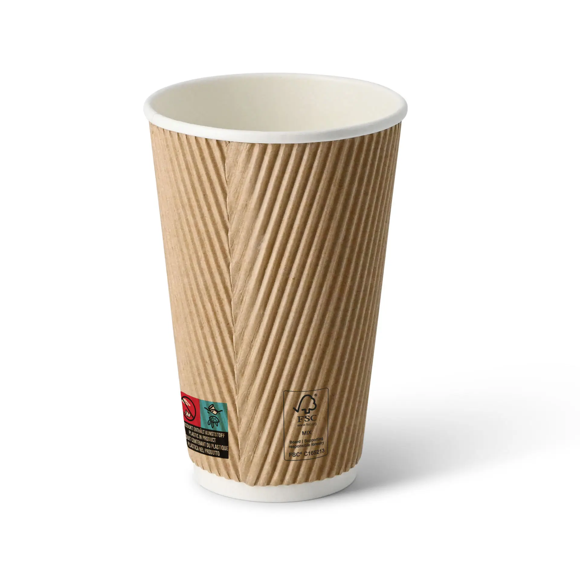 Brown ripple coffee cup with a white inner lining, 16 oz capacity, round shape, and visible certification symbols.