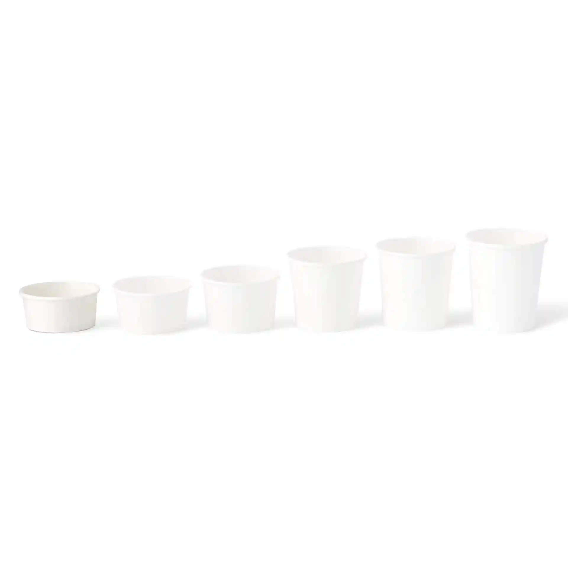 Set of six white paper cups in varying sizes, round shape, made of cardboard.