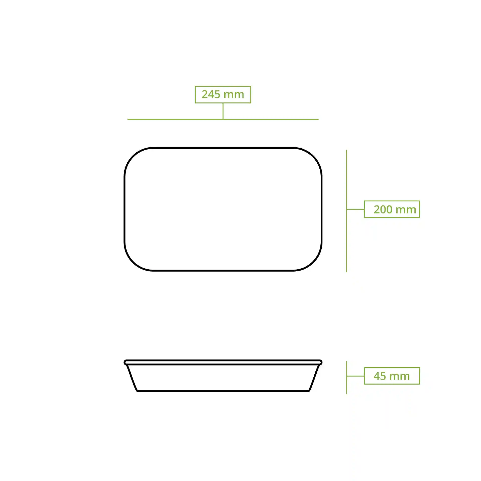 Schematic drawing of a rectangular container with dimensions 245 mm by 200 mm and height of 45 mm.