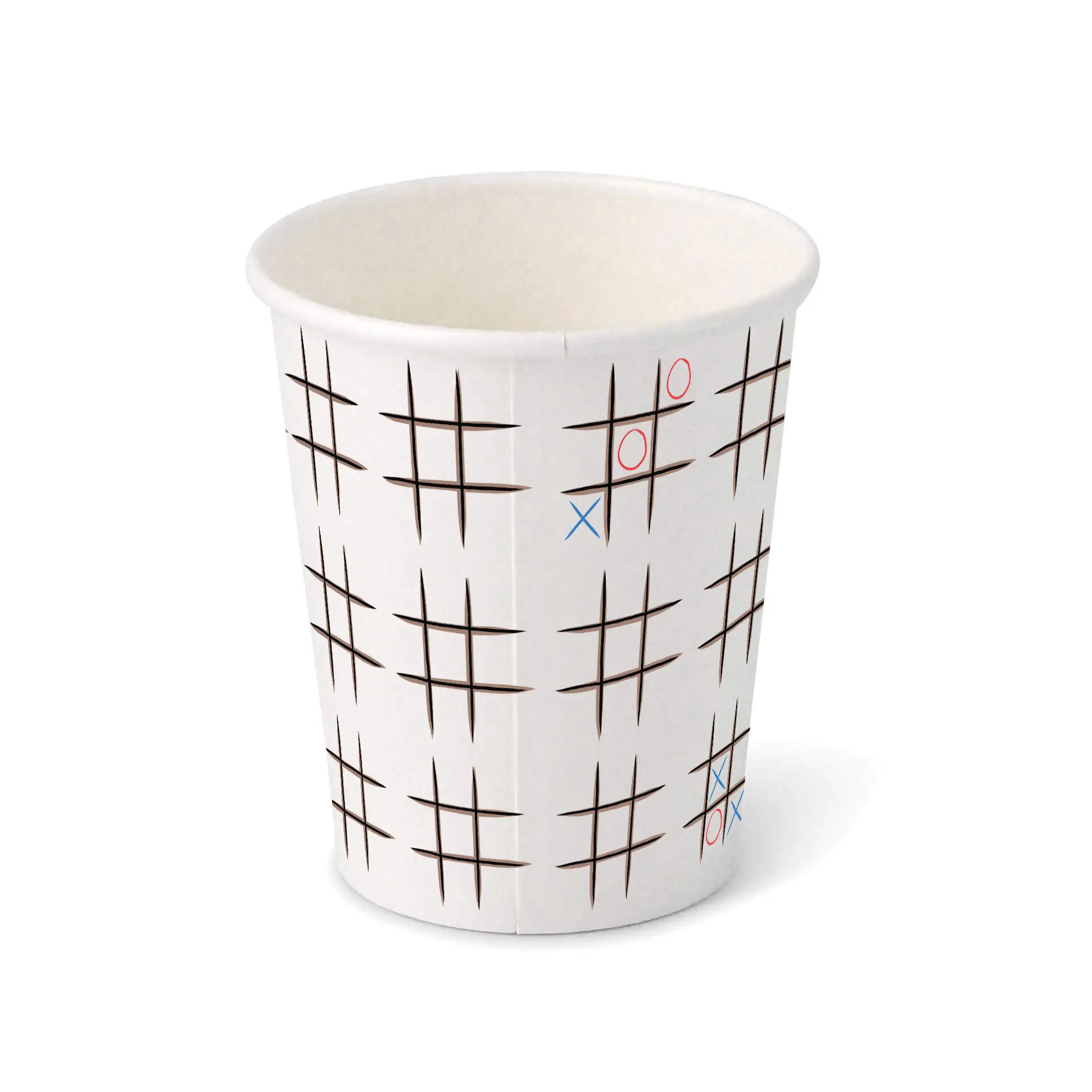 Pappbecher bedruckt "Tic Tac Toe" (beschichtet) 200 ml / 8 oz, Ø 80 mm, weiß