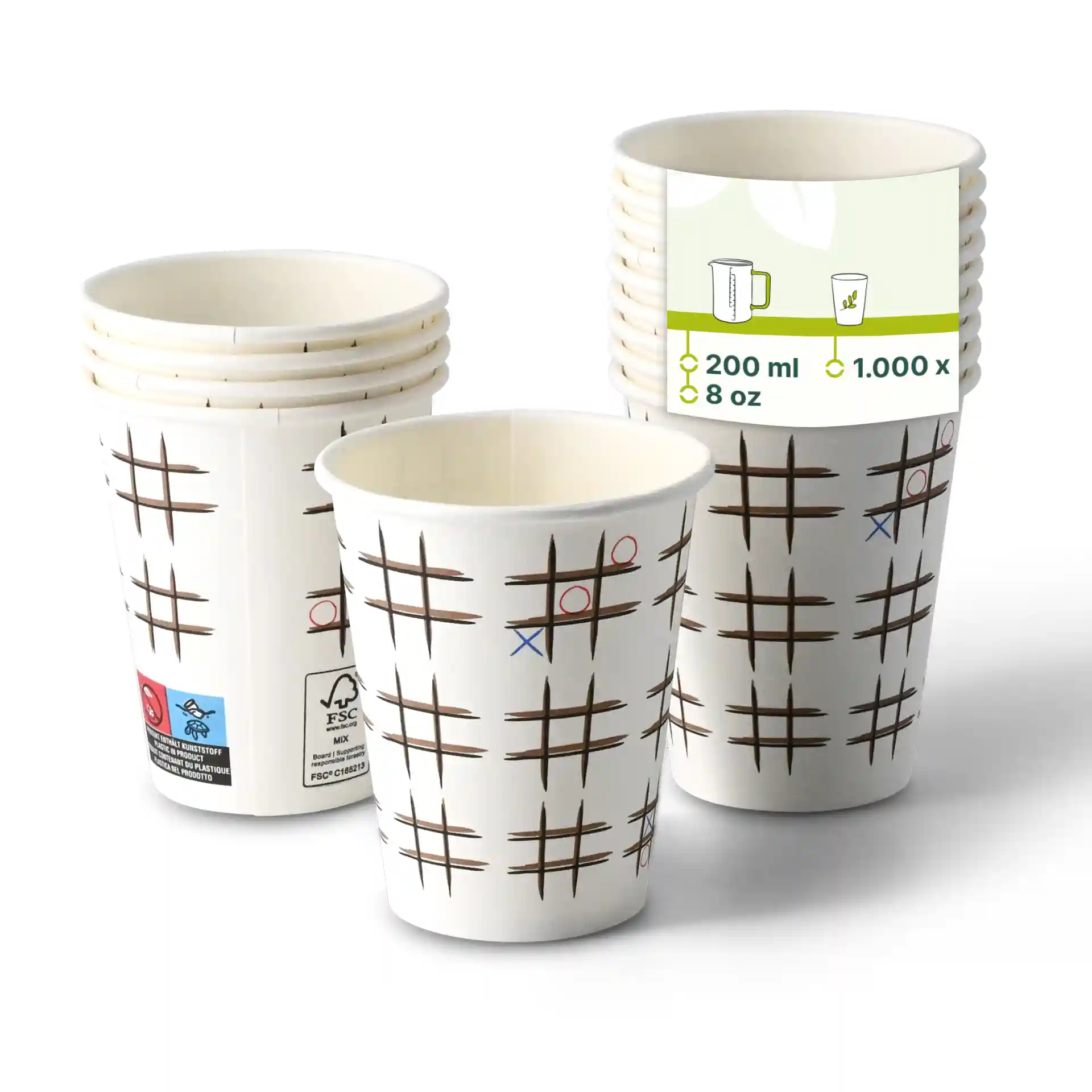 Weiße Becher mit "Tic Tac Toe"-Druck, runde Form, 8 oz Kapazität, gestapelt mit einem Becher vorne.