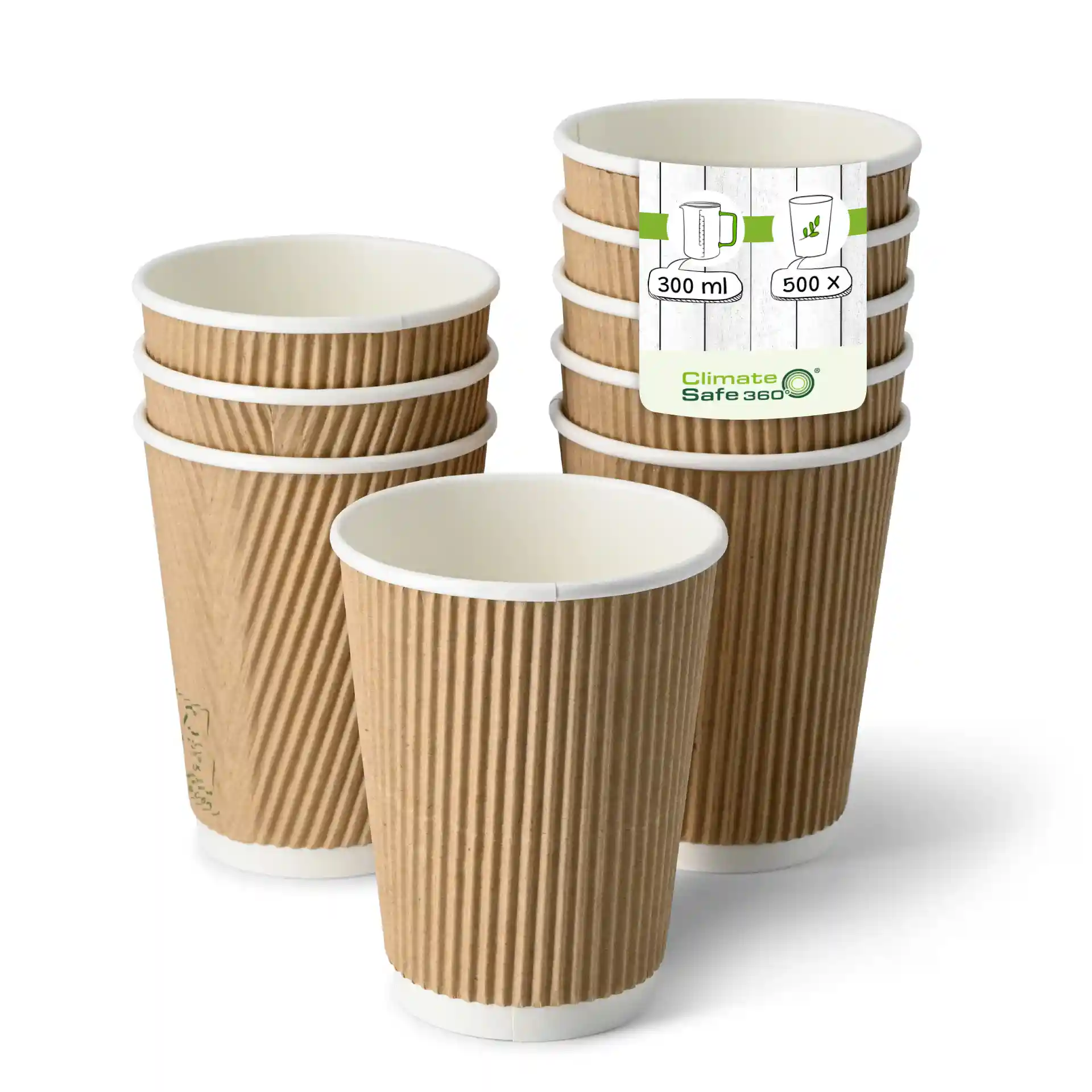 Brown ripple coffee cups stacked, with one cup in front, showing a white interior and a label with markings.