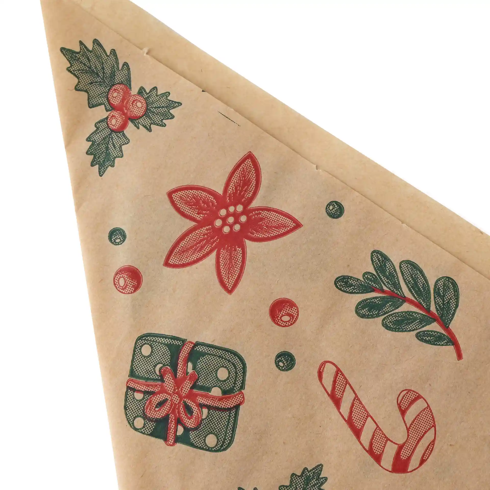 Braune fettdichte Tüte mit winterlichem Design, roten Blumen, Stechpalme, einem Geschenk und einem Zuckerstangen.