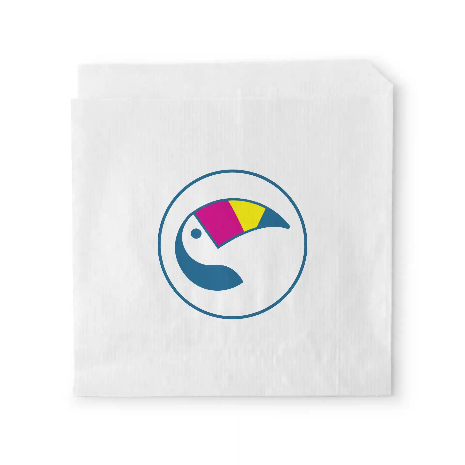 White burger sleeve featuring a circular logo of a stylized bird with a colorful beak design.