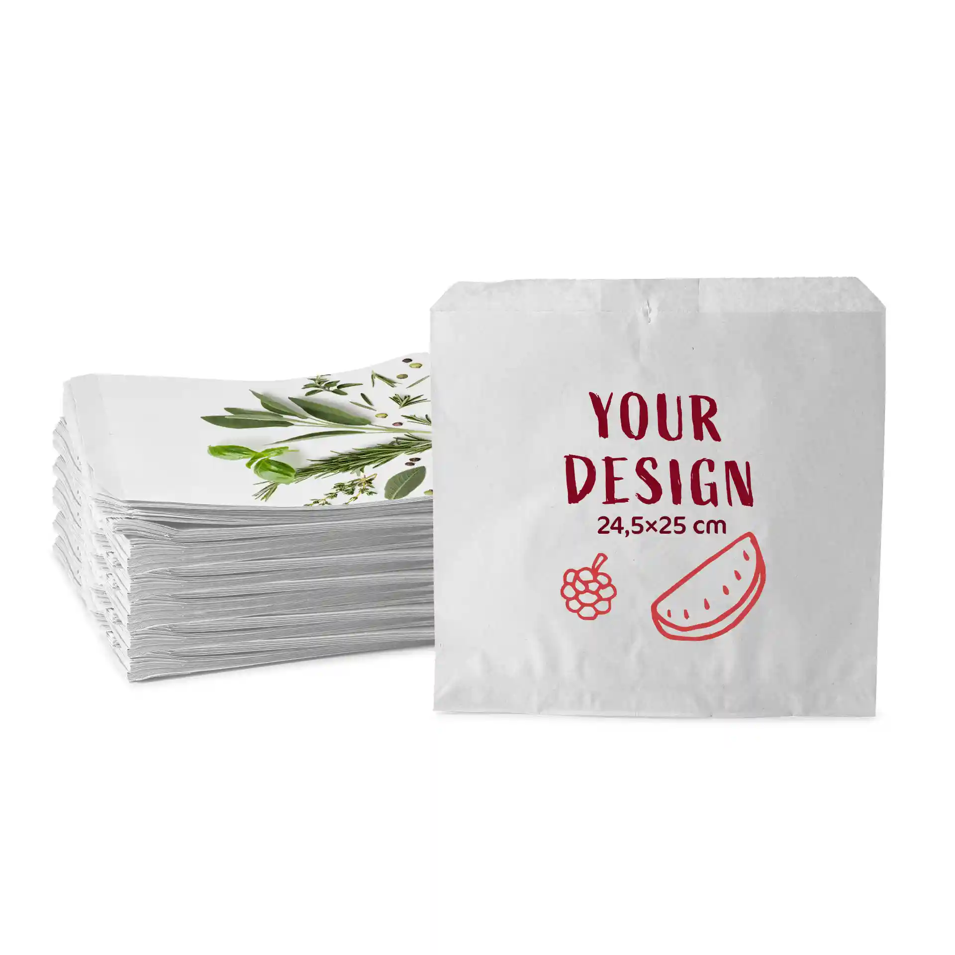 White flat bag with a design area, measuring 24.5 × 25 cm, stacked with similar bags behind.