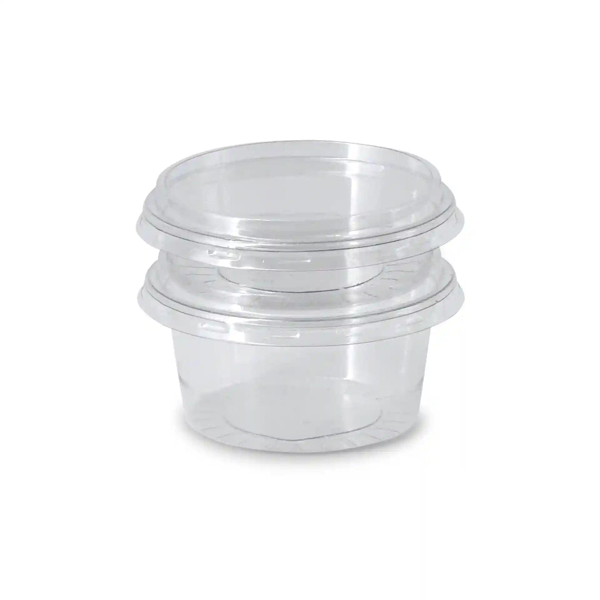 Clear round rPET sauce pots stacked, each with a 50 ml capacity and a diameter of 75 mm.