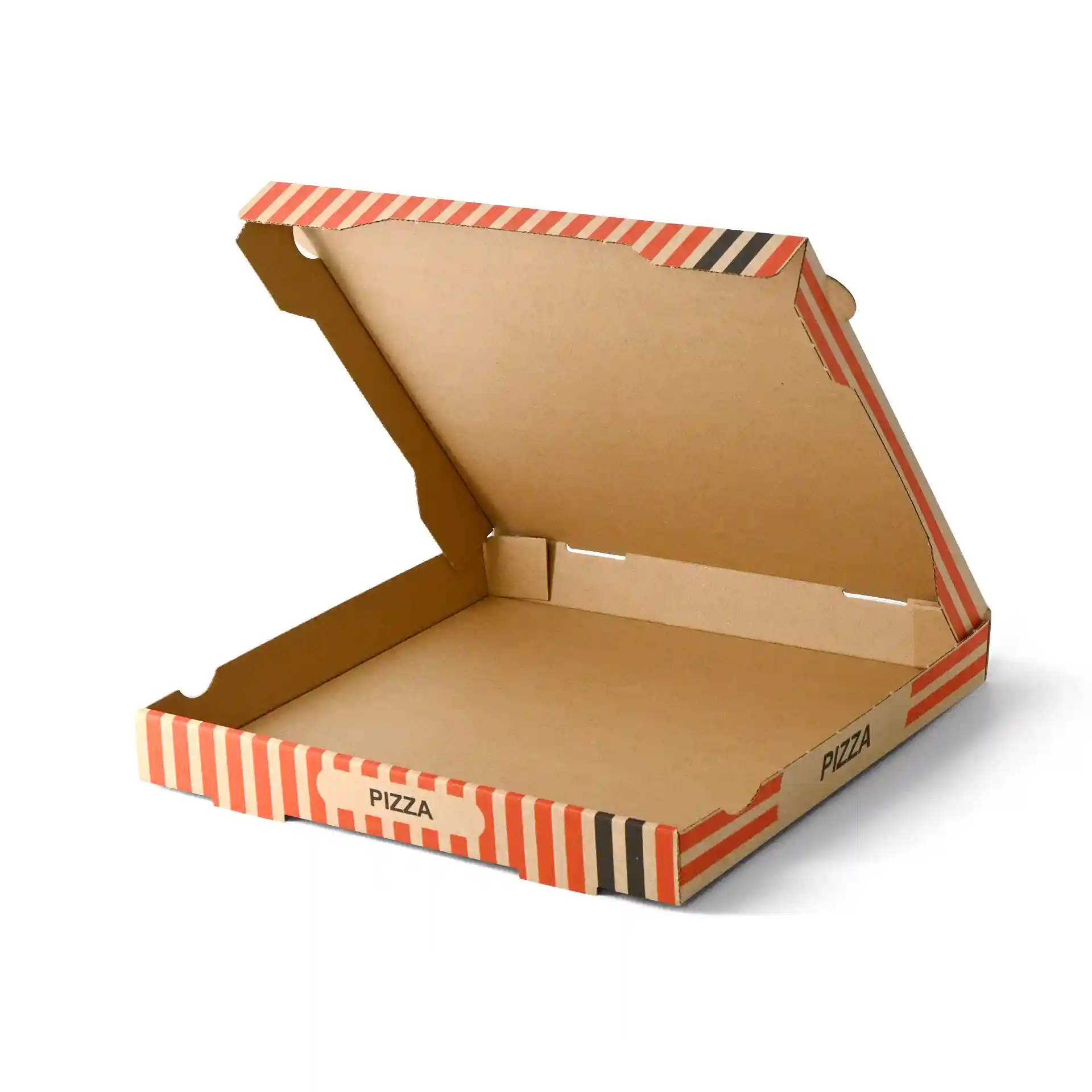Braune Pizzaschachtel mit einem Pizzakoch-Design, 32 x 32 x 4 cm, geöffnet gezeigt.