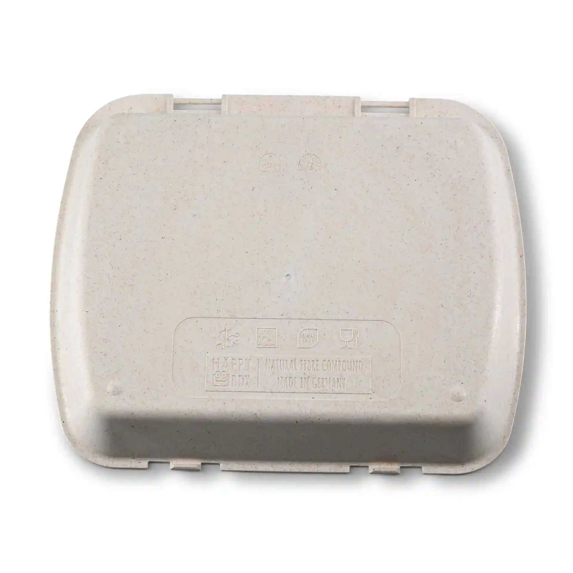 Rectangular reusable container in creamy white, made from bio compound, measuring 24.5 x 20 x 4.5 cm.