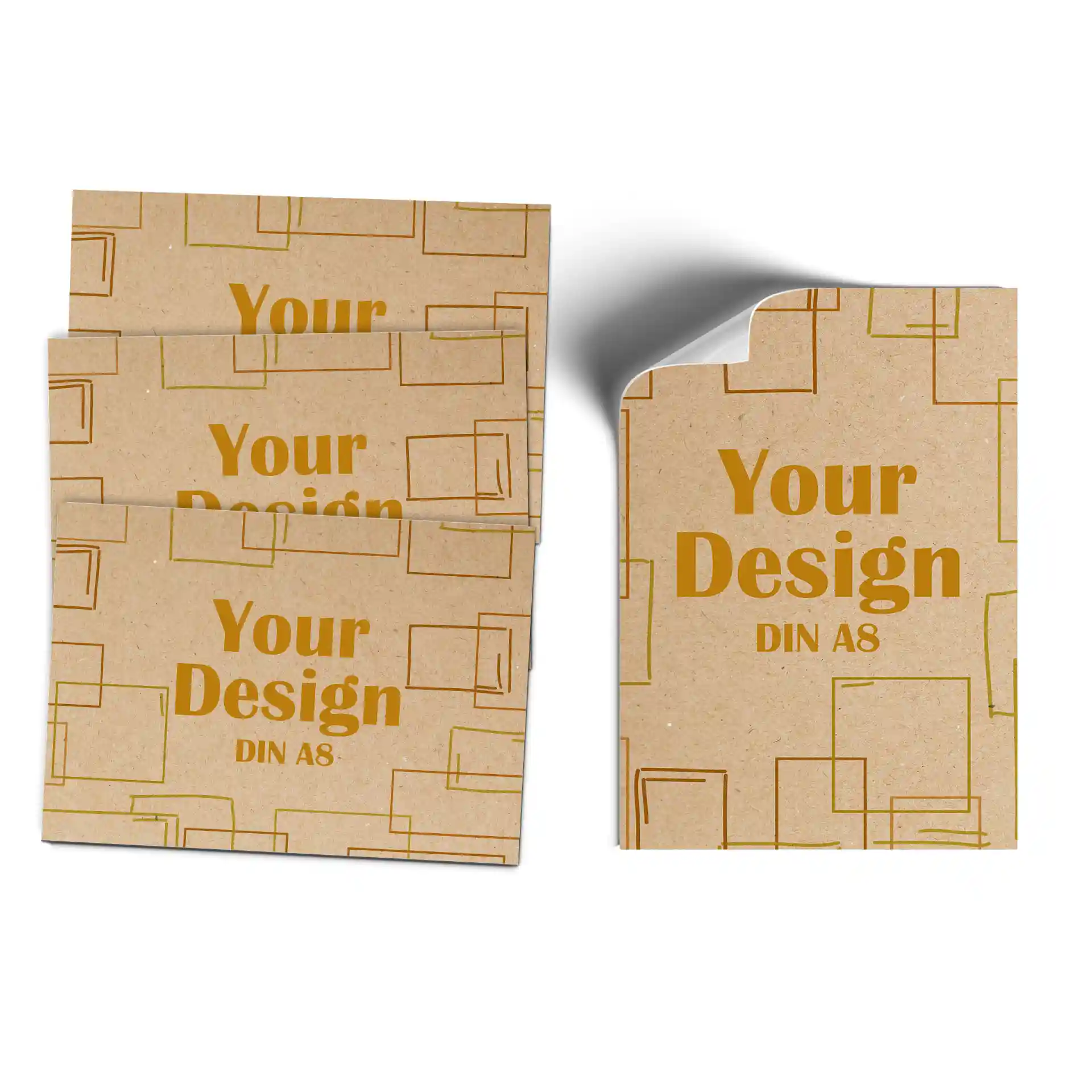 Brown kraft paper labels with rectangular shape, featuring a design and dimensions of 74 mm by 105 mm.