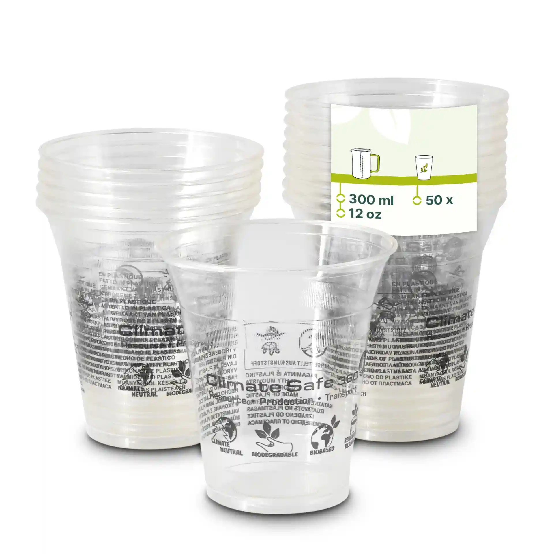 Transparent 12 oz PLA smoothie cups stacked, with one cup in front showing markings and a label indicating volume and quantity.