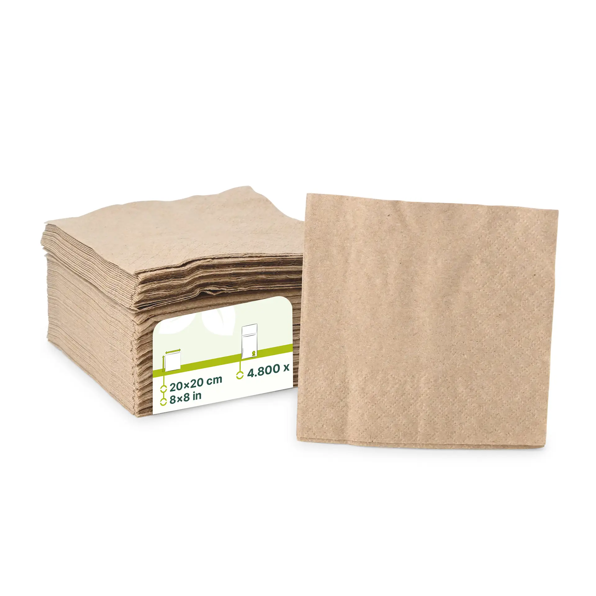 Stack of brown, 2-ply cocktail napkins, 20 x 20 cm, with a label showing dimensions and a recycling symbol.