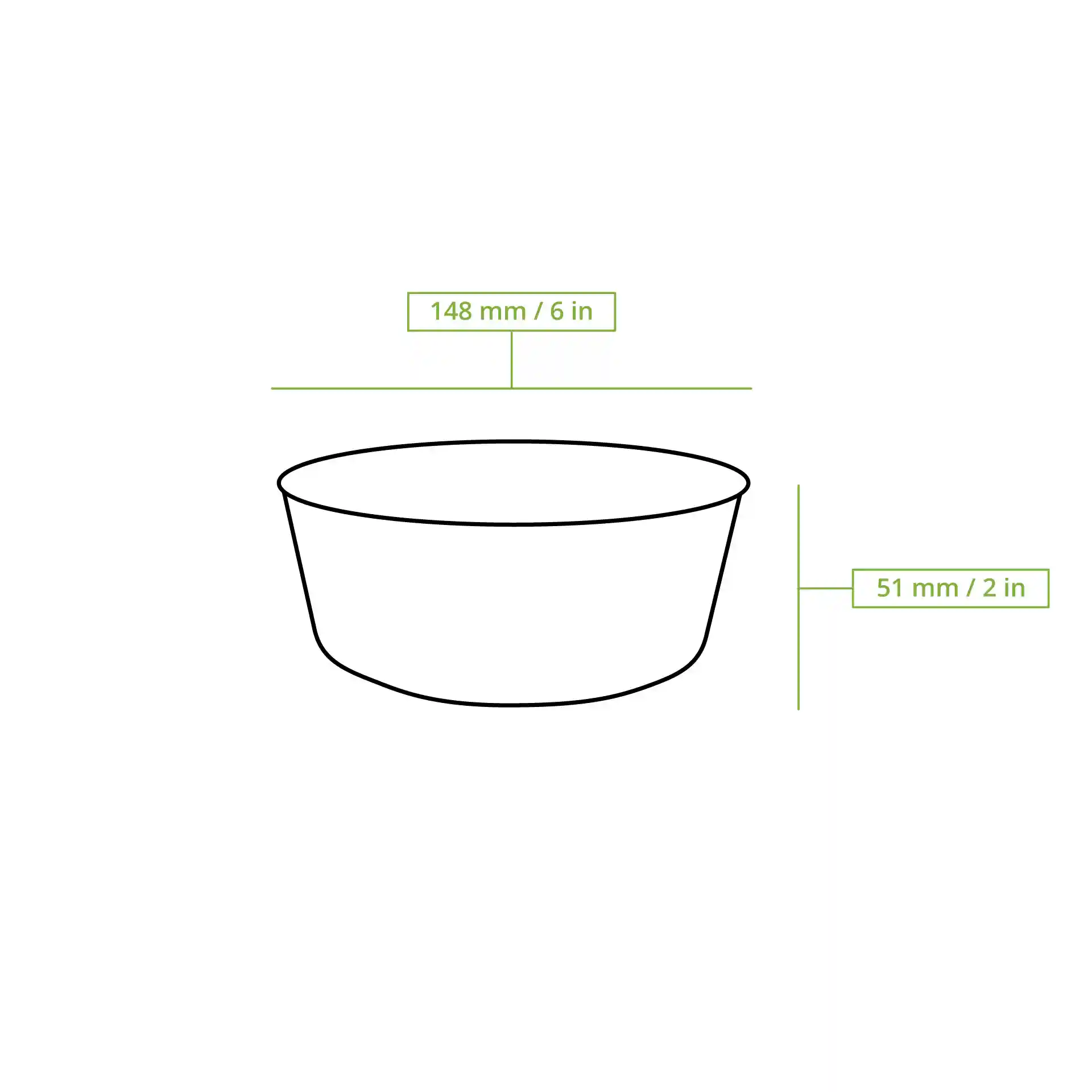 Schematic drawing of a round cardboard bowl with dimension lines showing a diameter of 150 mm and height of 51 mm.
