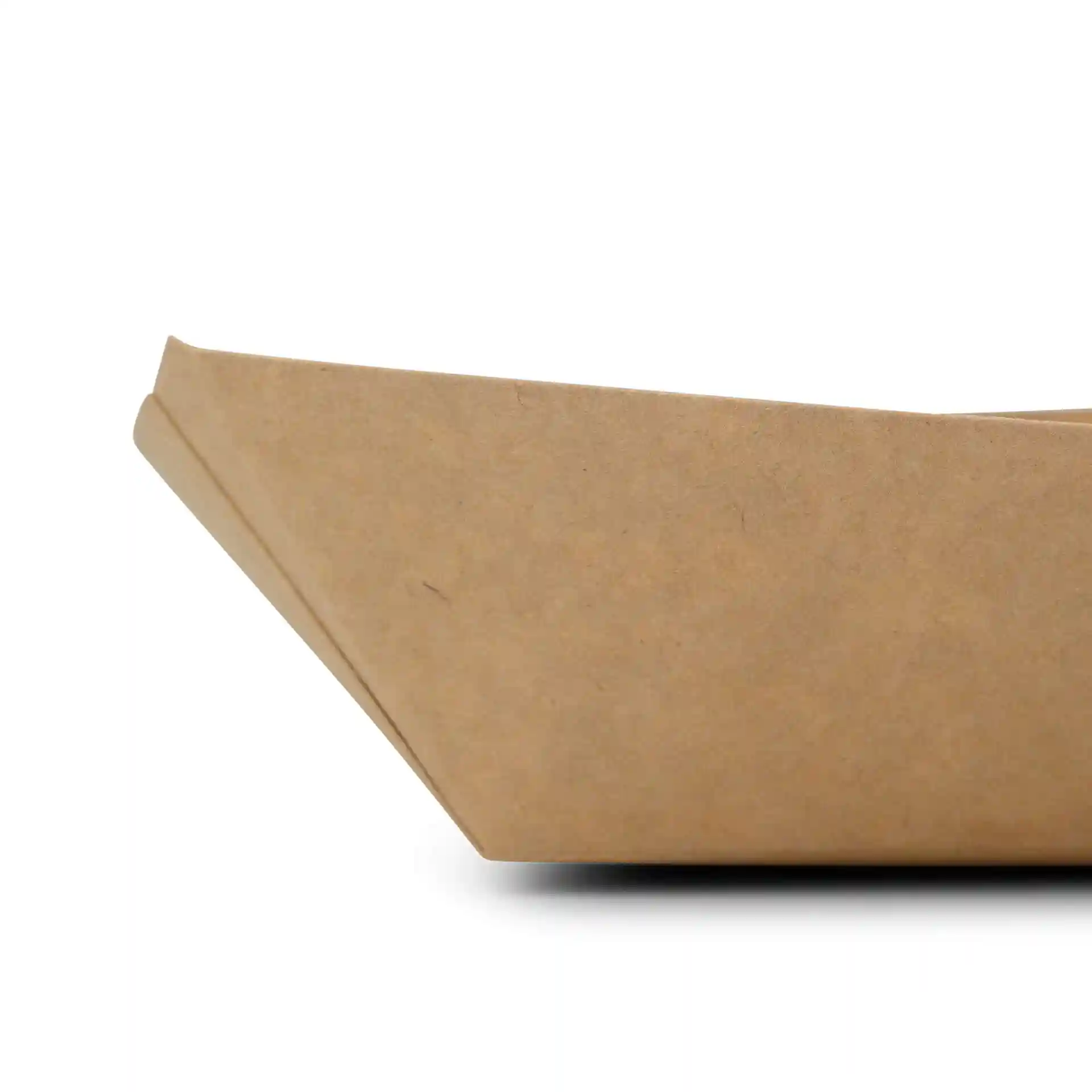 Brown cardboard snack tray with a coated surface, measuring 17 x 12 x 4 cm, shown from the side.