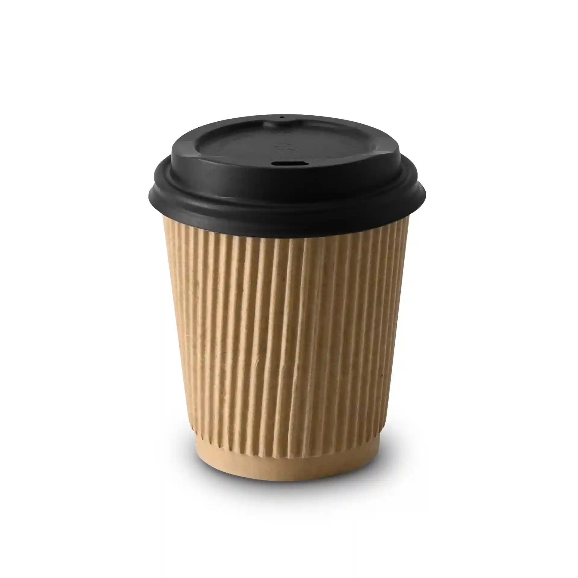 Brown ribbed paper coffee cup with a black lid, 8 oz capacity, 90 mm height, and 80 mm diameter.